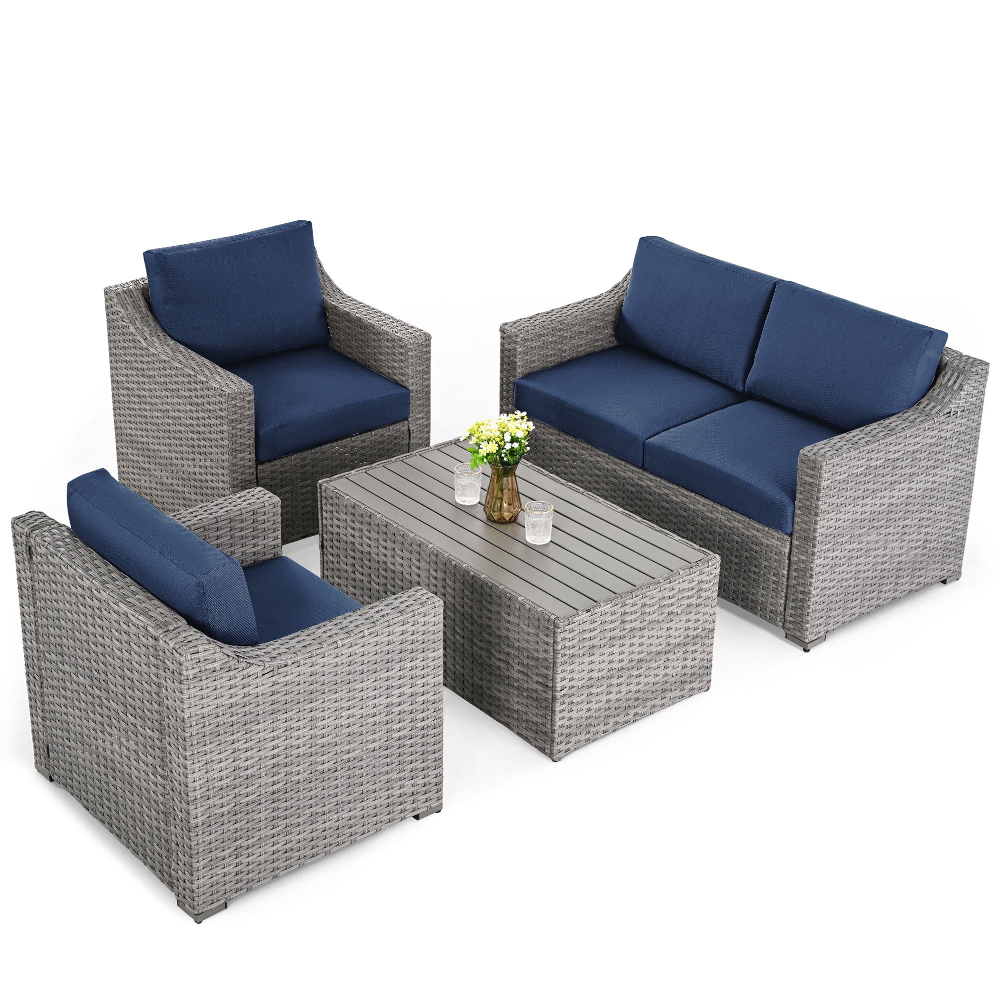 4-Piece Wicker Patio Conversation Set with Blue Cushions in the Patio ...