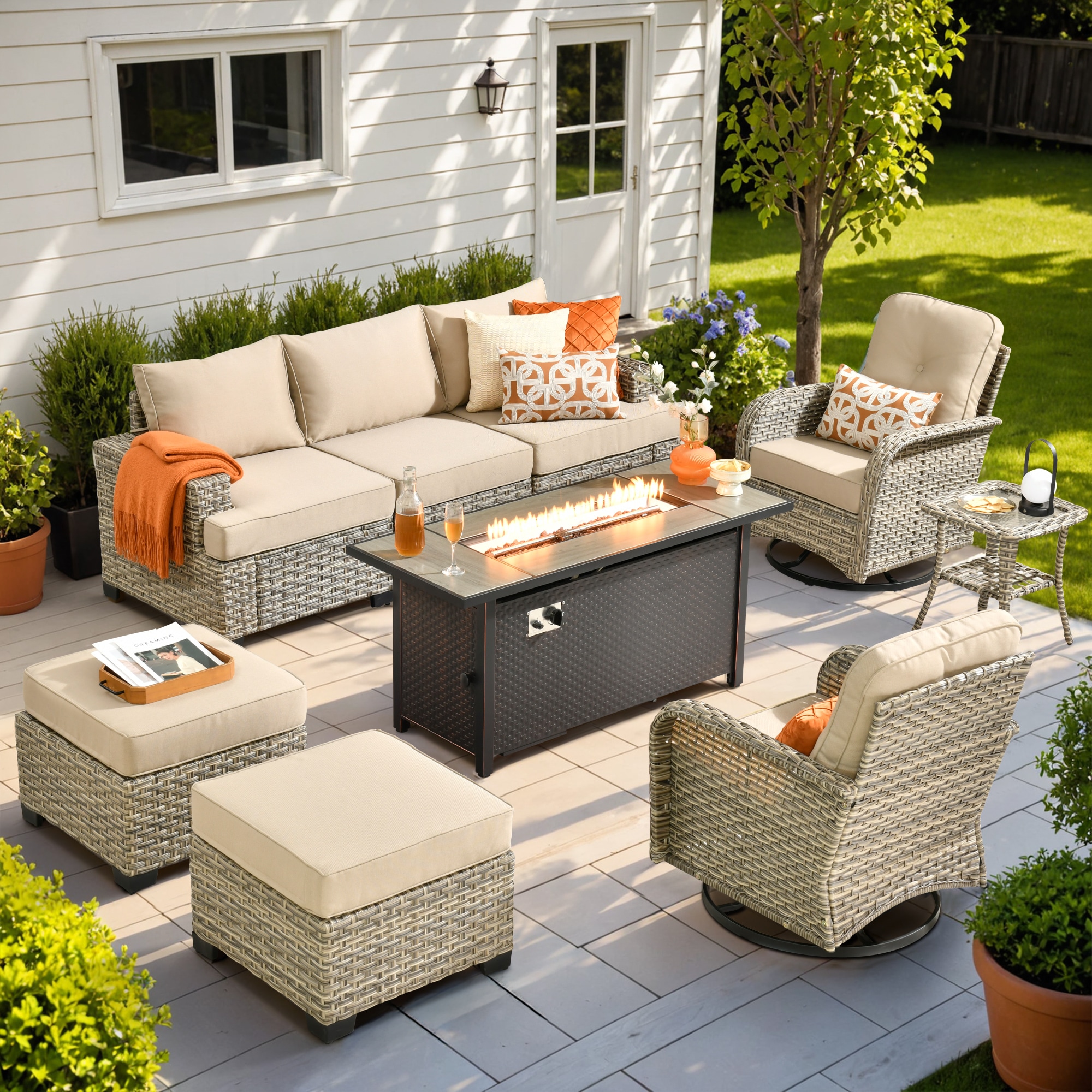 Ovios RFP5TS608YV 9 -Piece Wicker Patio Sofa Conversation Set with Beige Cushions