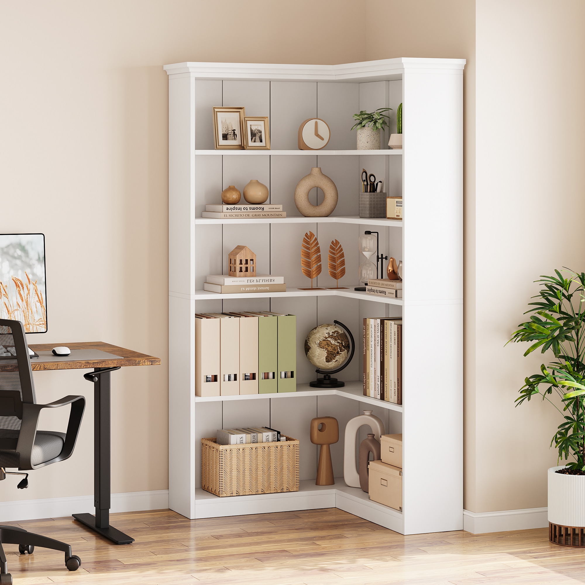 IdealHouse White 72 8 Inch L Shaped Farmhouse Corner Bookshelf Tall 5 ...