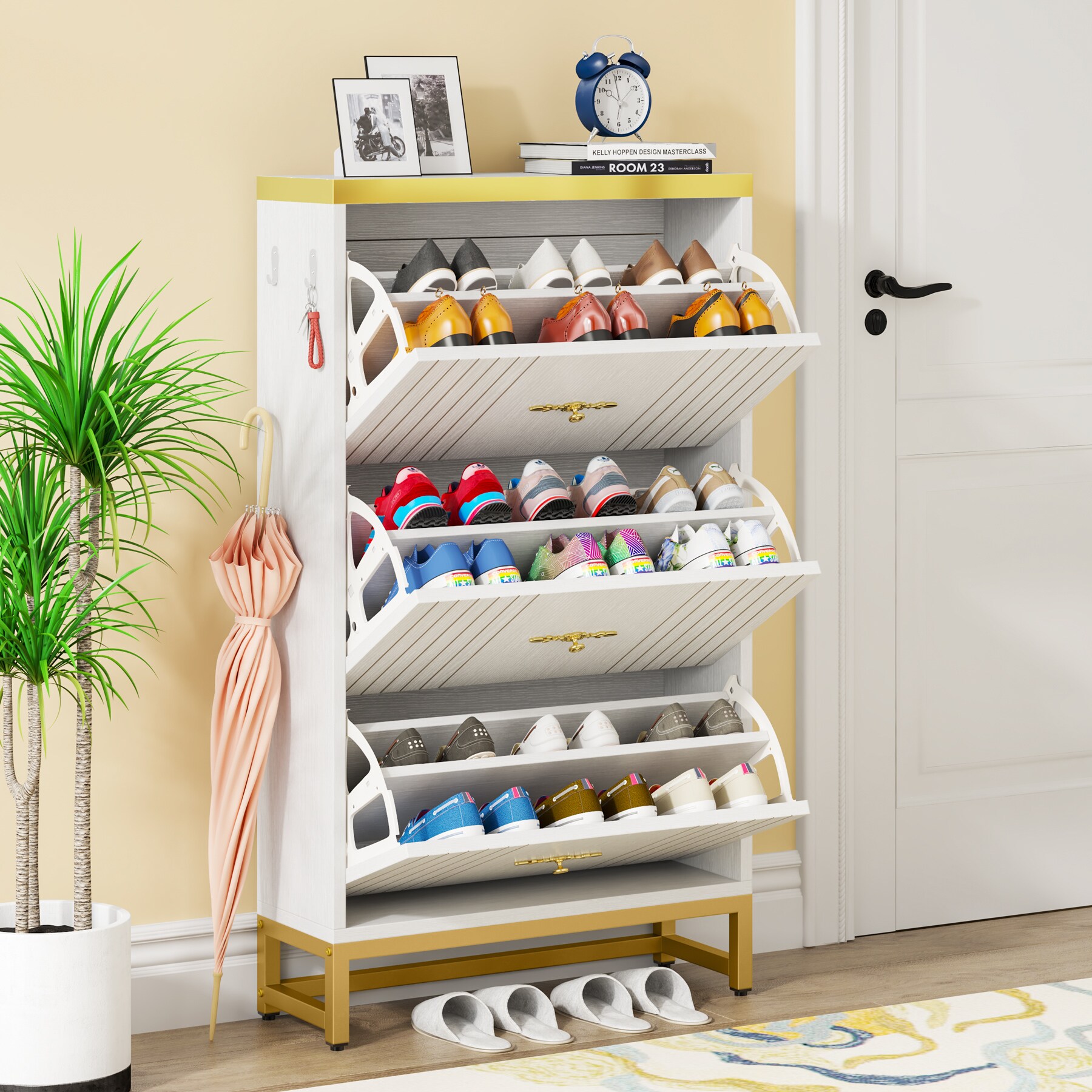 Tribesigns White MDF Shoe Cabinet with 3 Tiers and Adjustable