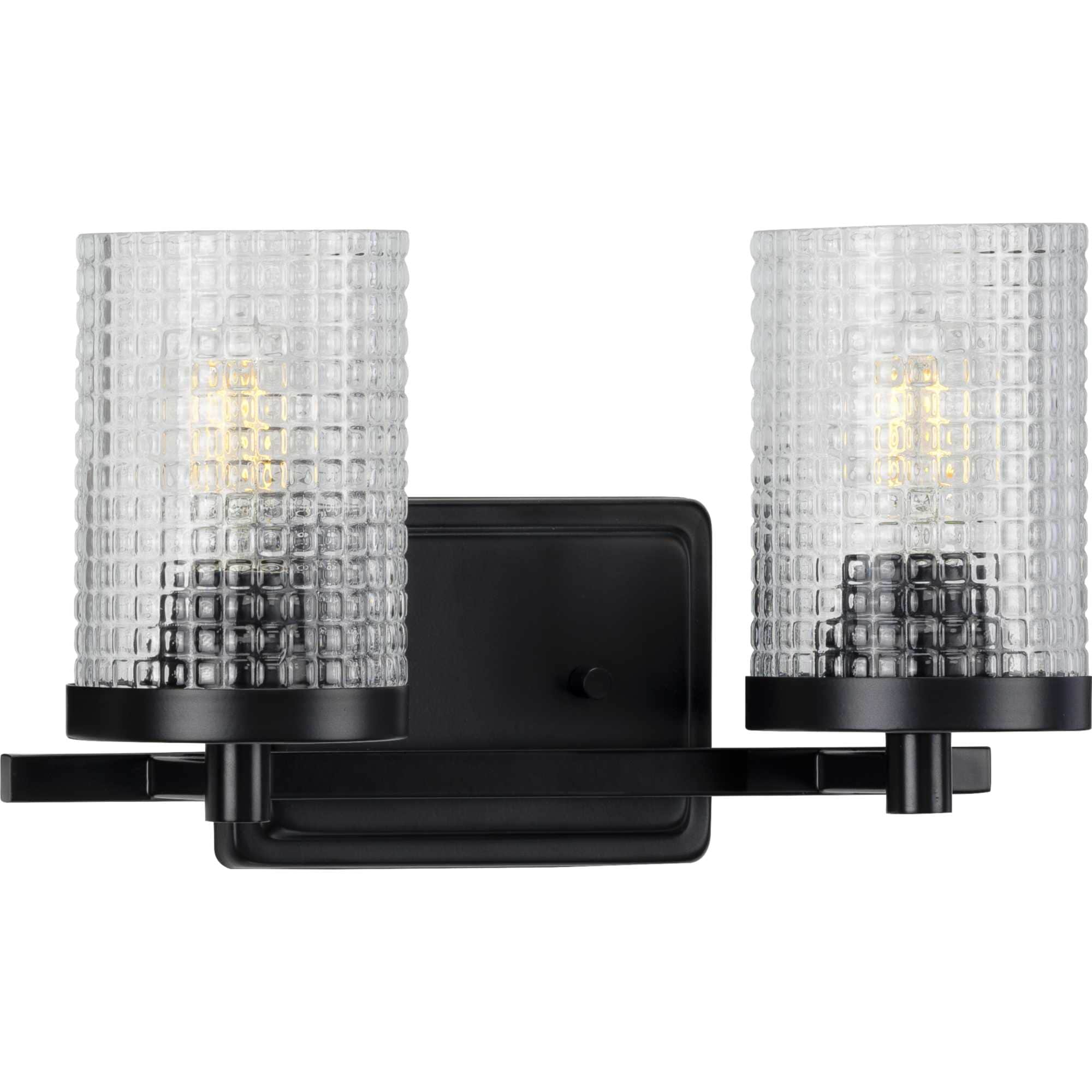 Matte Black Two-Light Bath Vanity with Clear Patterned Glass