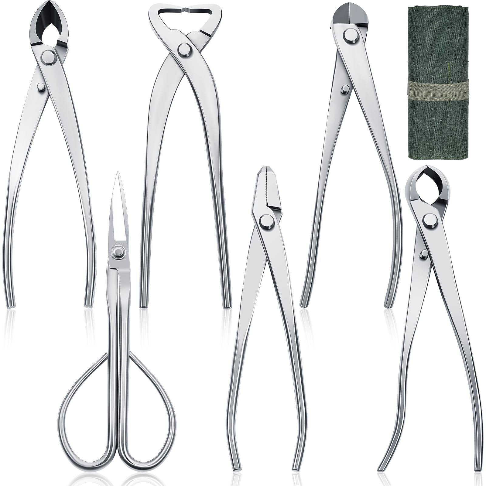 Adrinfly -  6 Piece Bonsai Tool Kit with Roll Bag Stainless Steel Pruning Set Includes Knob Cutte...