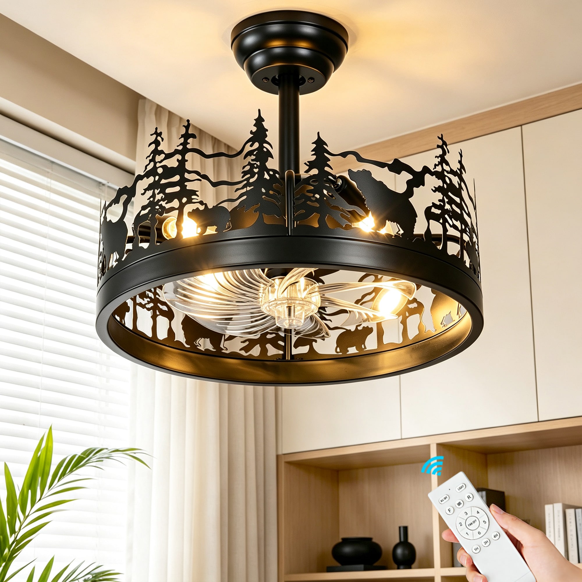 POWLIG Black Metal Frame Fan Light 17.72-in Black Forest Downrod or Flush Mount Cage Ceiling Fan With Light and Remote Control Included