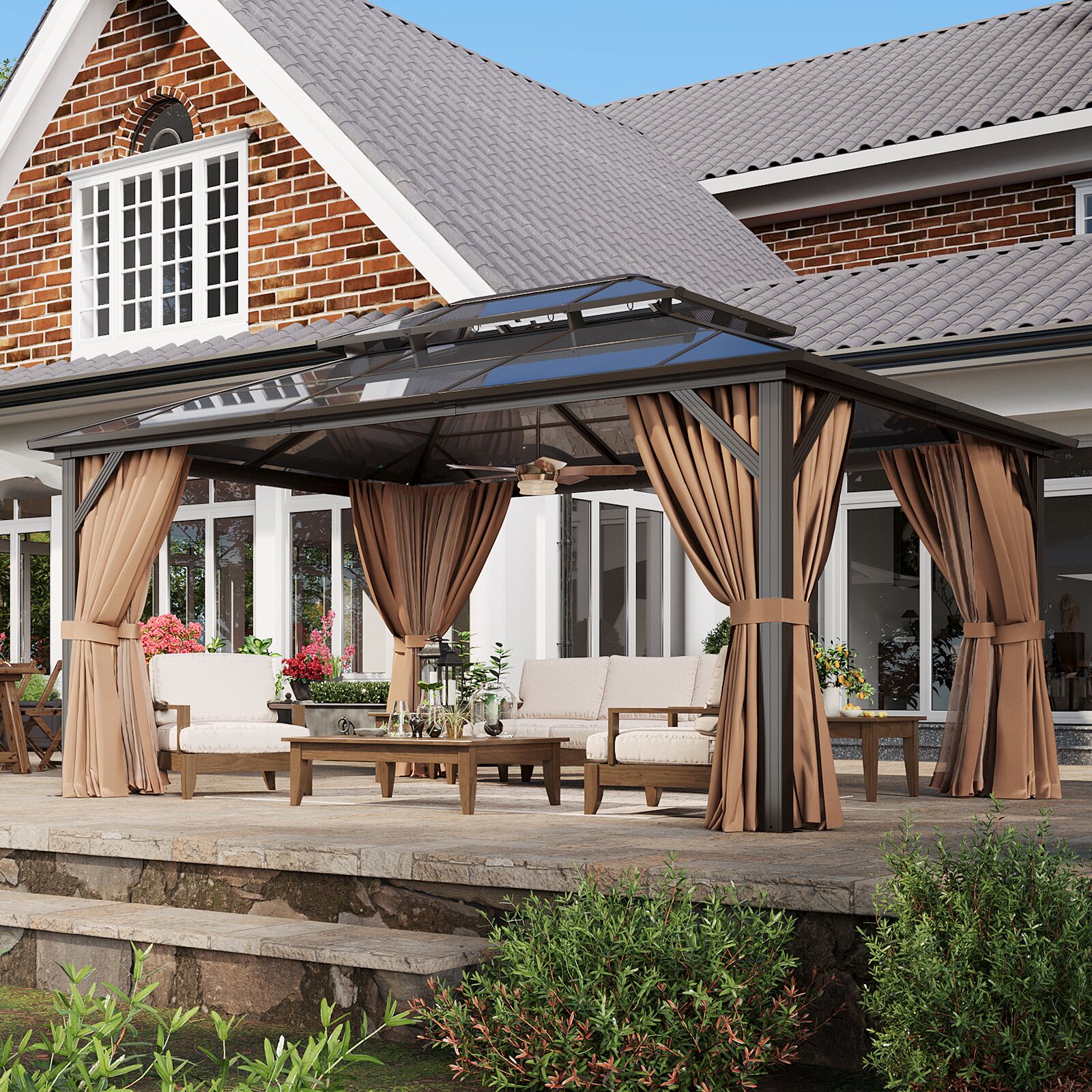12' x 16' Beige and Black Aluminum Hardtop Gazebo