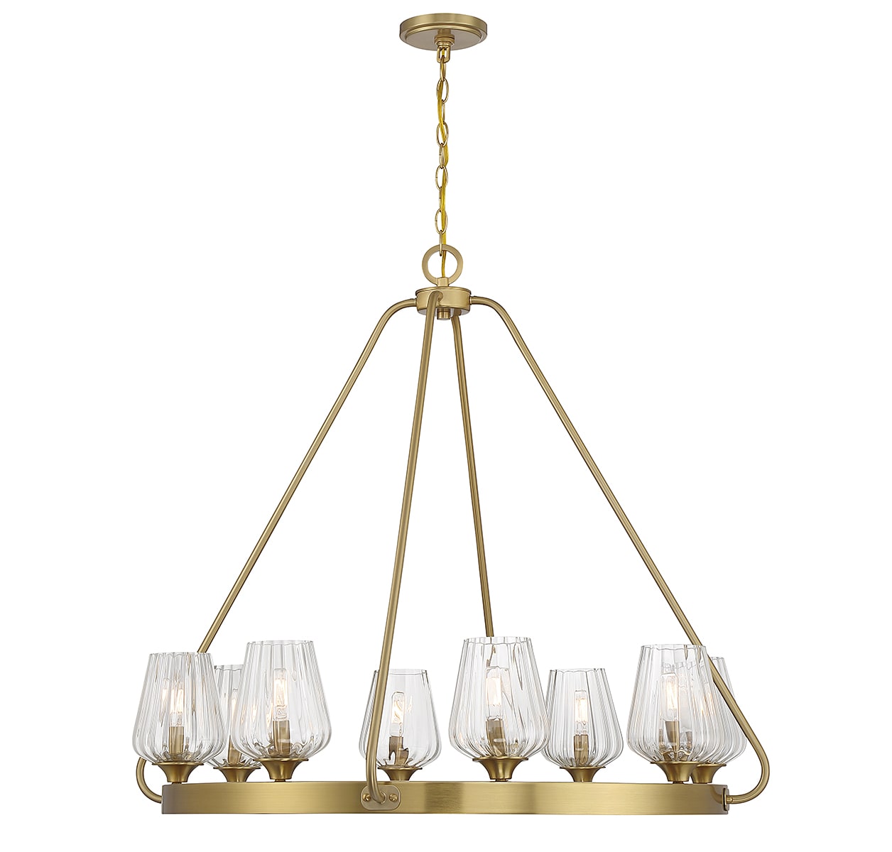 Warm Brass 8-Light Chandelier with Ribbed Glass Shades