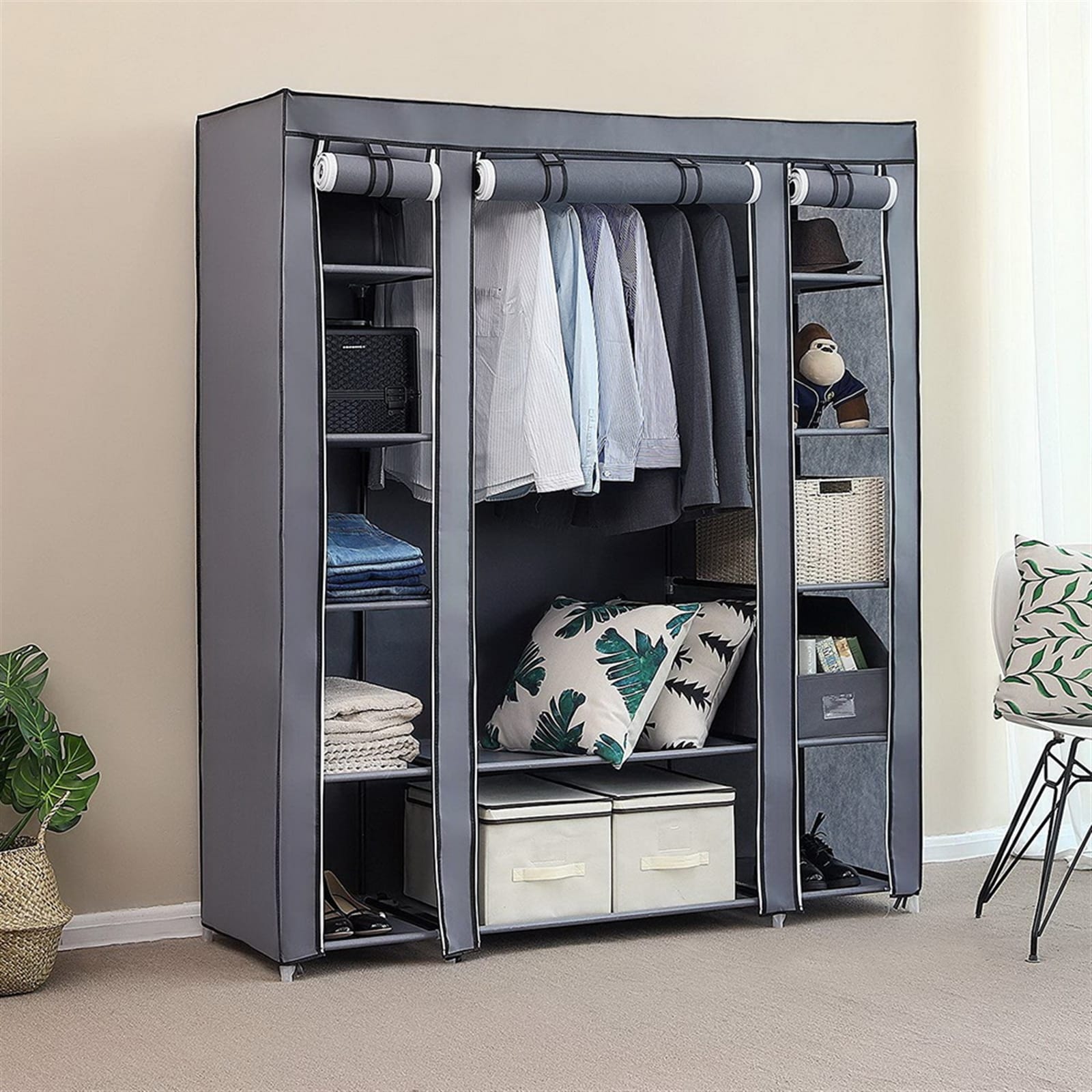Bestcore Portable Clothes Closet Wardrobe Storage Organizer 58-in x 17-in x 69-in with 12 Shelves Non-Woven Fabric Cover and Hanging Rod Gray