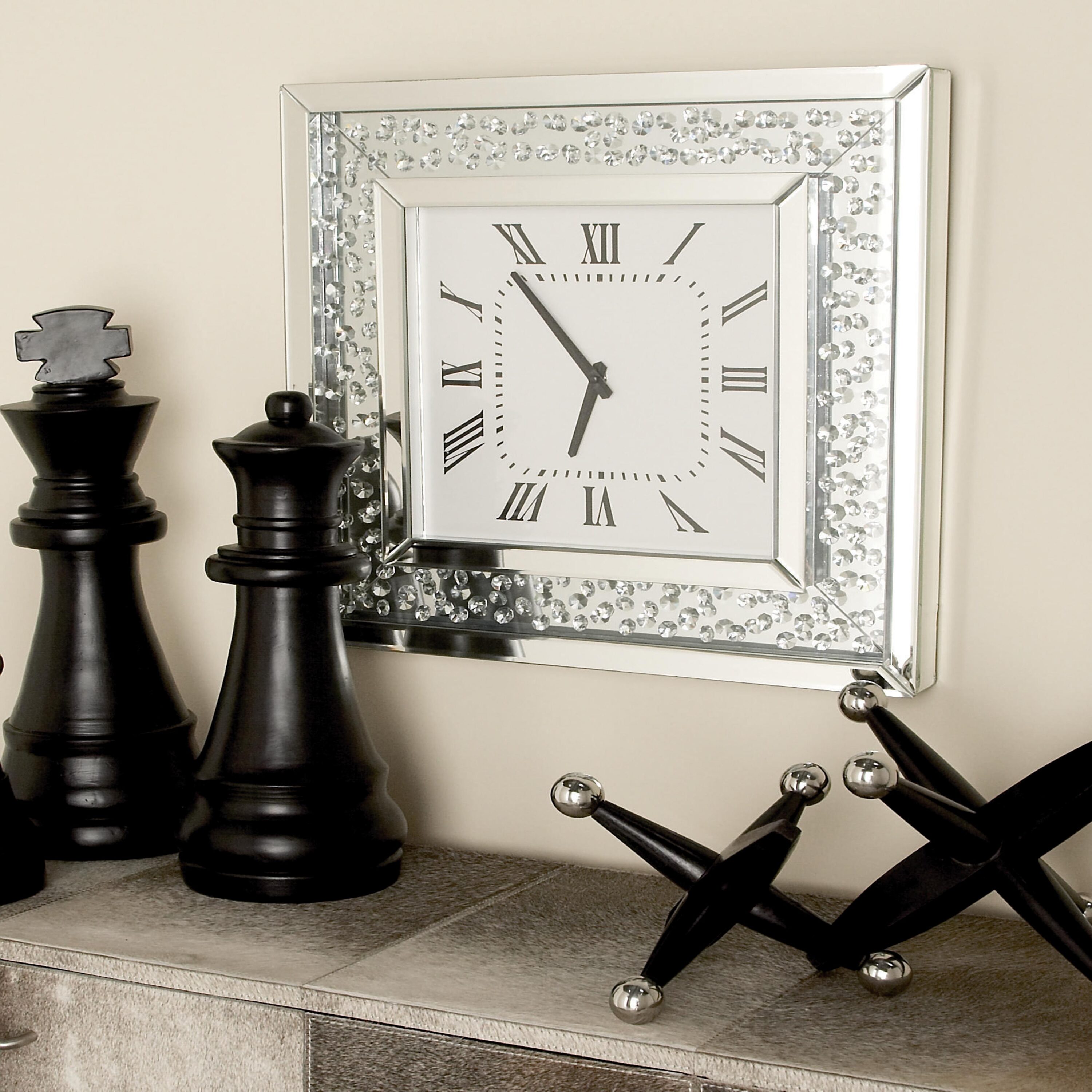 Grayson Lane 87306 Mirrored with Floating Crystals Analog Square Wall Glam