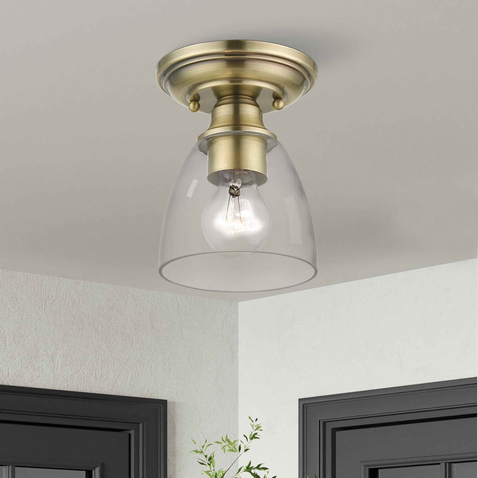 Antique Brass Elegance 1-Light Flush Mount with Hand-Blown Clear Glass