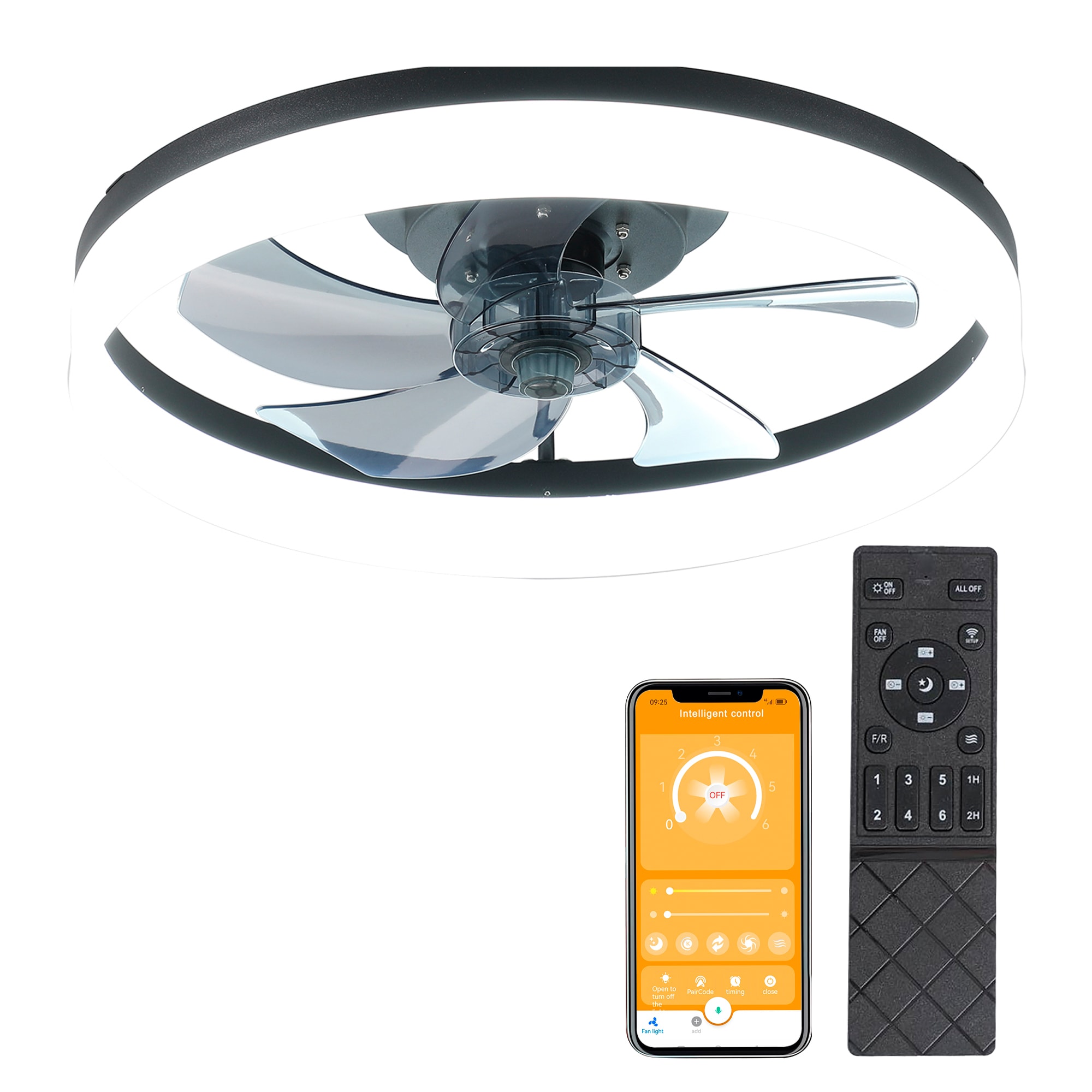Sunrinx MG50-10-FSD 20-in Color-Changing Integrated LED Outdoor Flush Mount White with transparent Blades Fandelier Ceiling Fan With Light - Remote Included ( 5 -Blade )