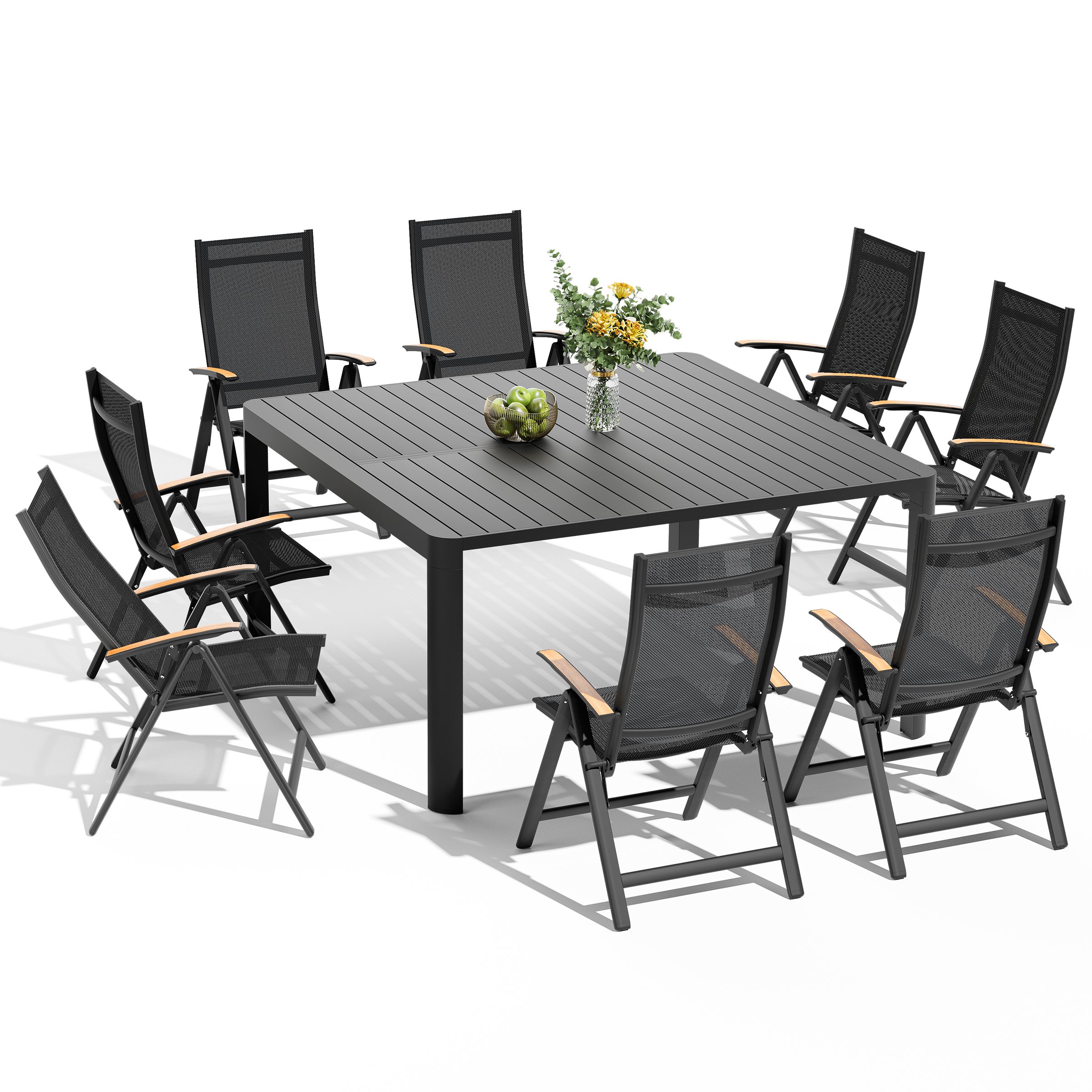 Crestlive Products CL-DC5072BLK-9 Patio Dining Sets 9 -Piece Gray Patio Dining Set Extendable Table Aluminum Rectangle Table with 8 Gray Stationary Chairs