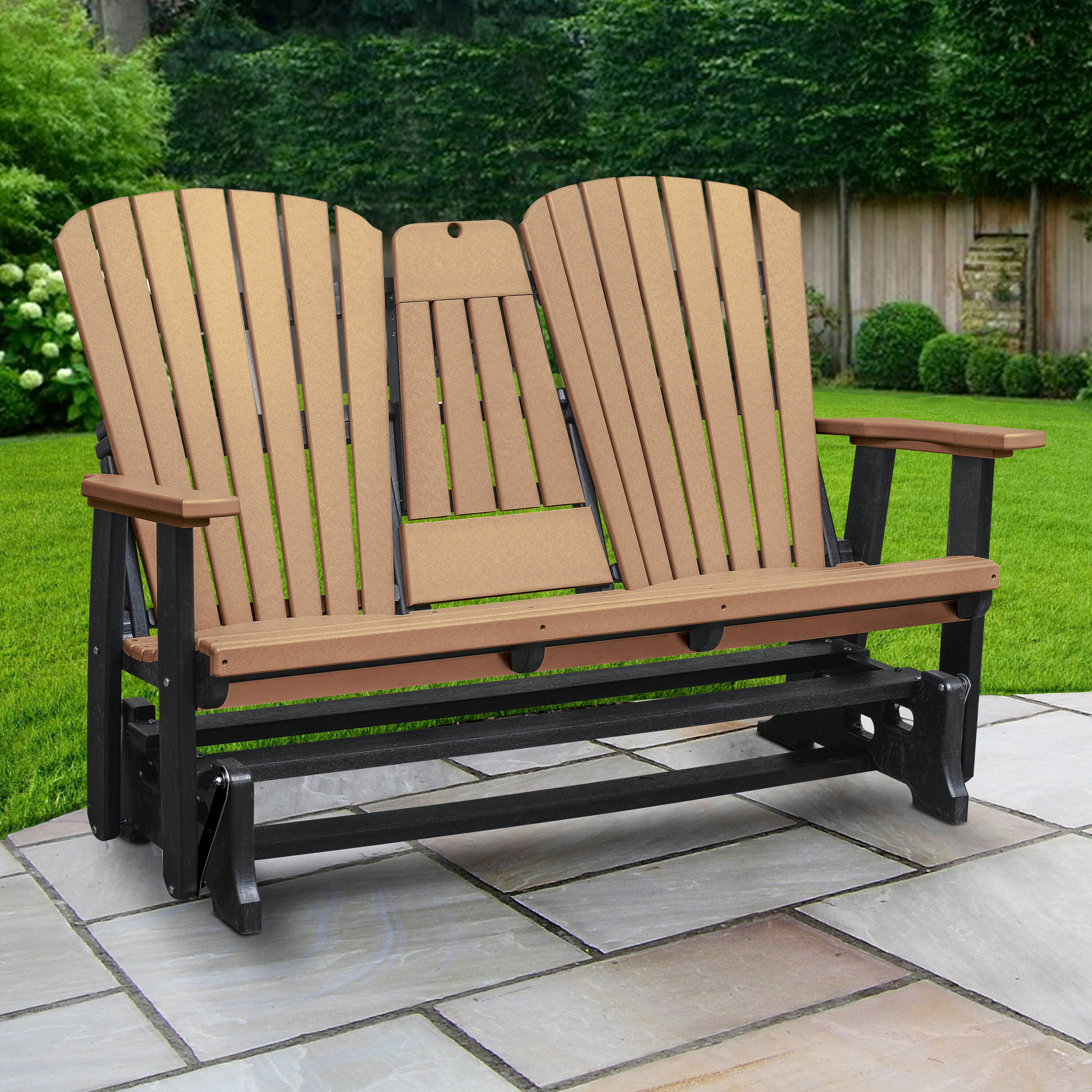 American Furniture Classics Adirondack 60-in W x 42-in H Cedar on Black HDPE Glider Bench