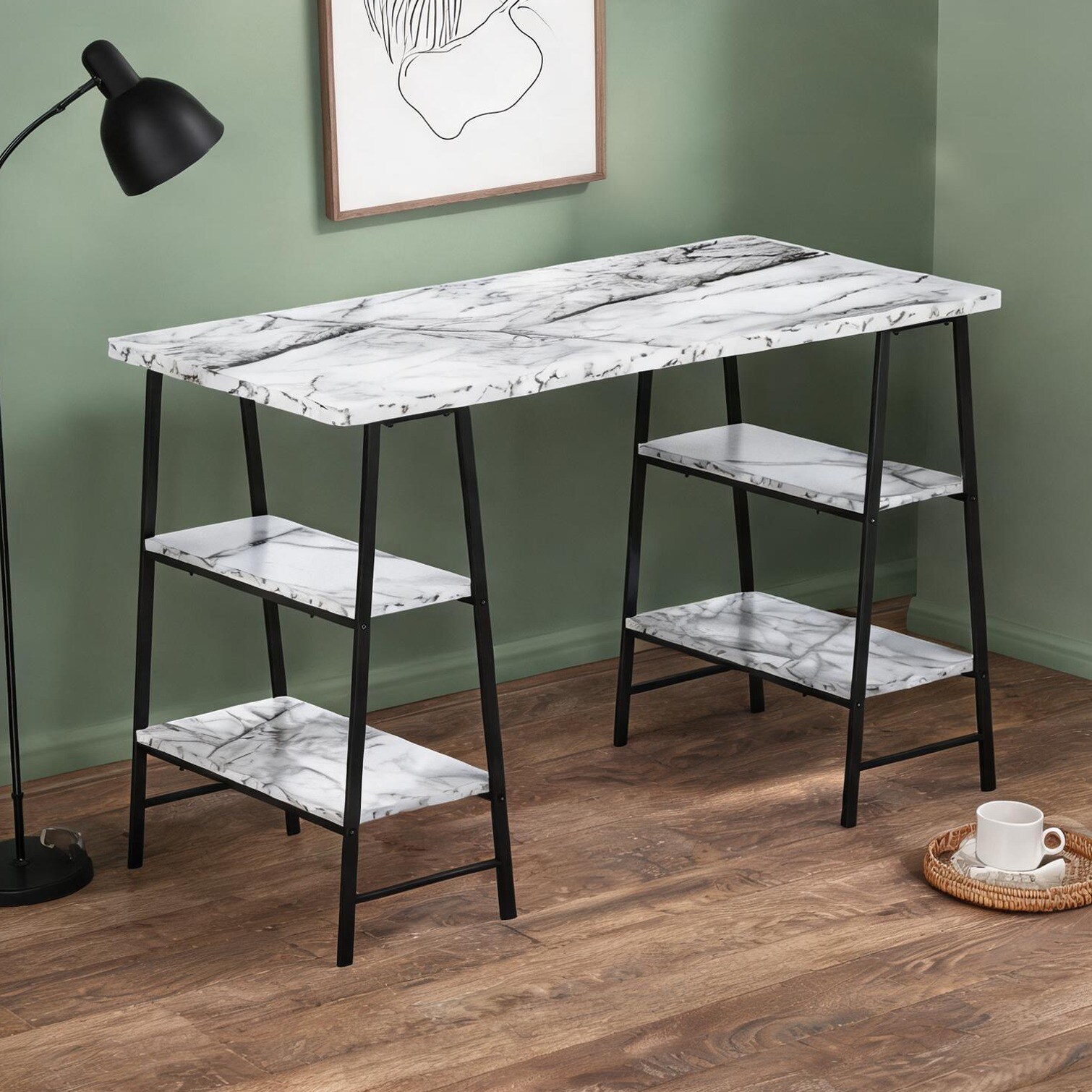 SunJet 47.25-inch clean white marble-look computer desk with 4 open ...
