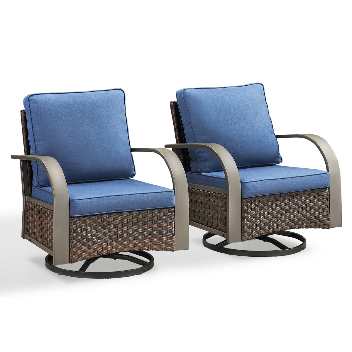 Rilyson FSTZB20-1 B-Bend Set of 2 Wicker Brown Wicker Frame Swivel glider Conversation Chair with Blue Blue Cushioned Seat