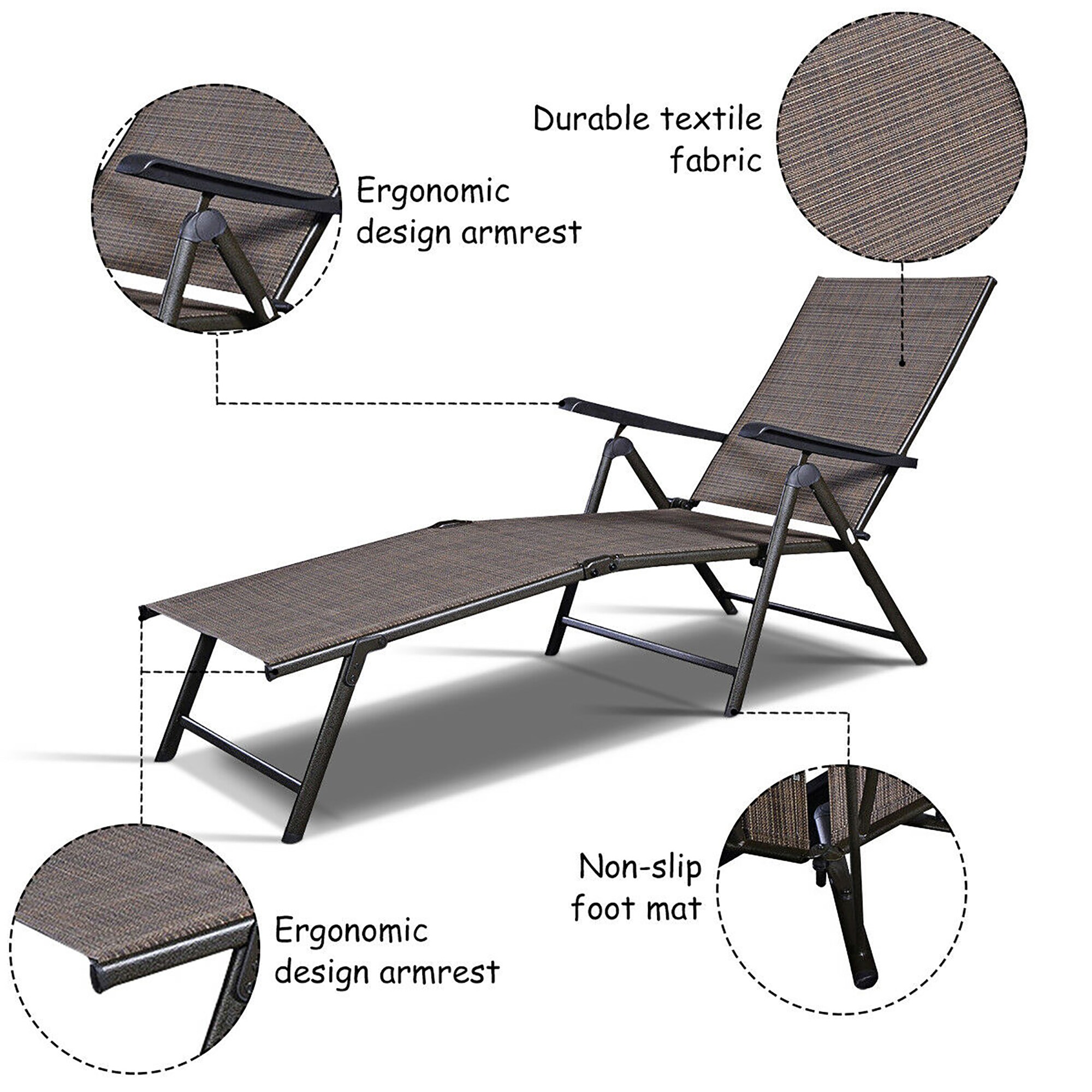 Tan Metal Outdoor Adjustable Chaise Lounge Set of 2