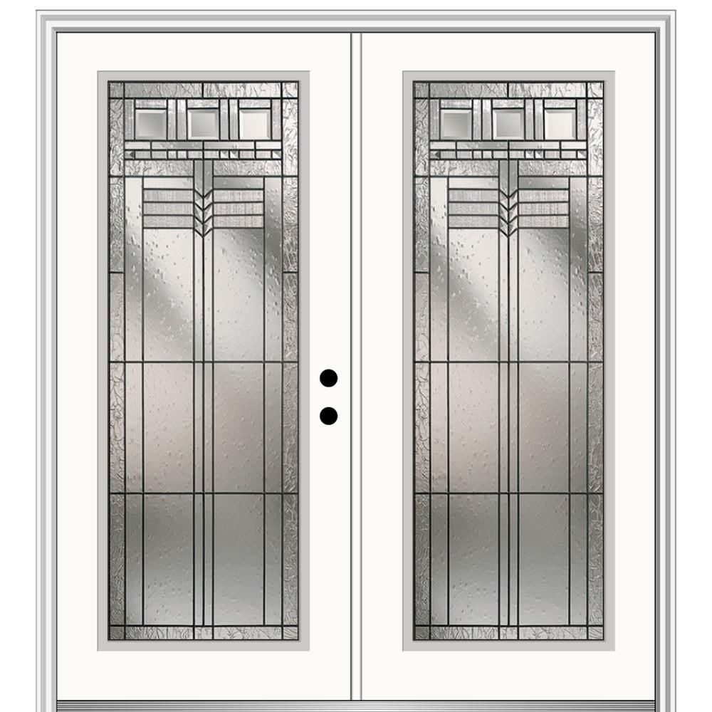 MMI DOOR 68-in x 80-in Low-e Grilles Between The Glass Primed Fiberglass  Center-hinged Right-Hand Inswing Double Patio Door Brickmould Included in  the Patio Doors department at