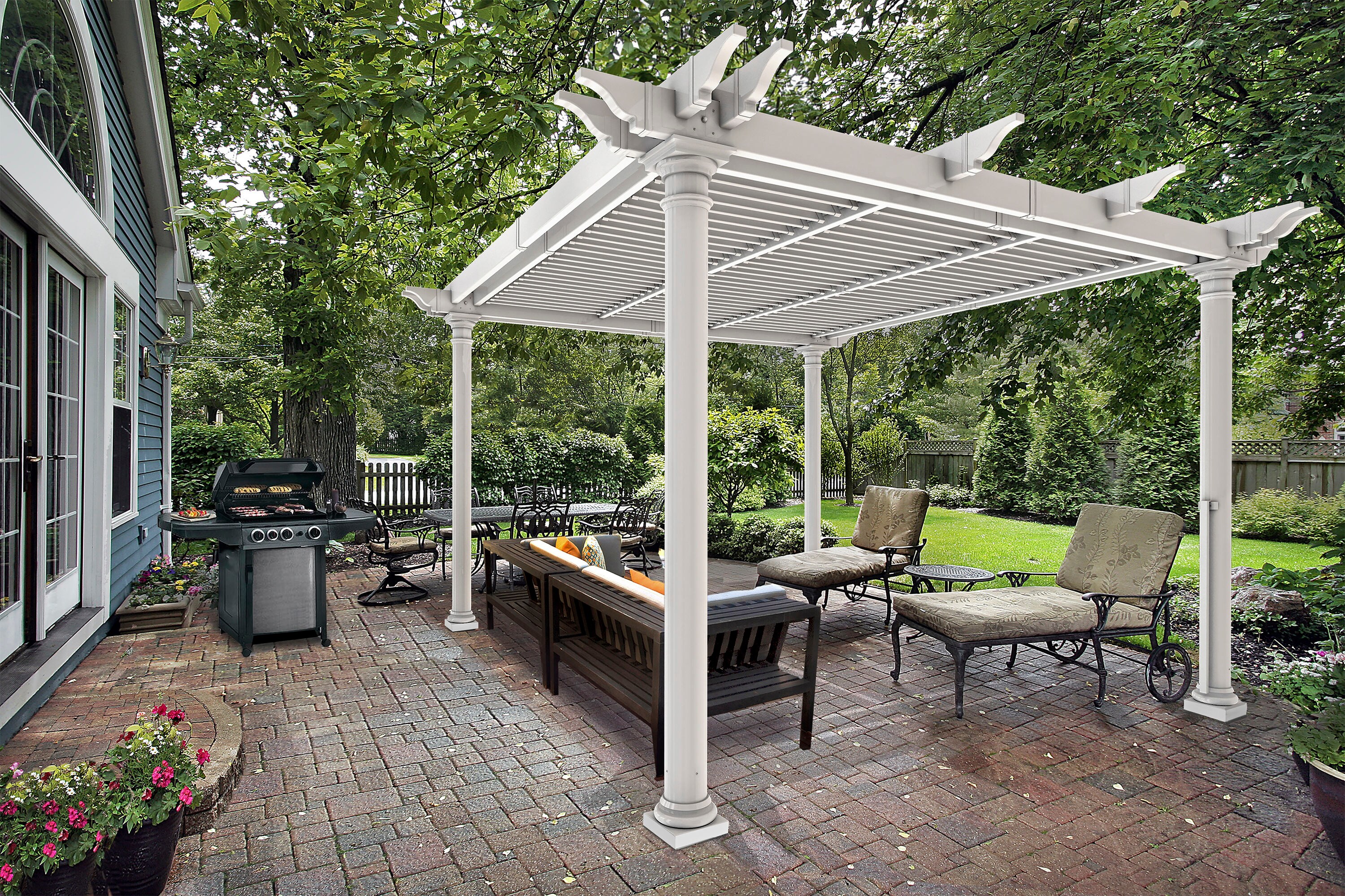 Vita 10 ft. x 10 ft. White Vinyl Deluxe Pergola with Base Moldings and Canvas Weave