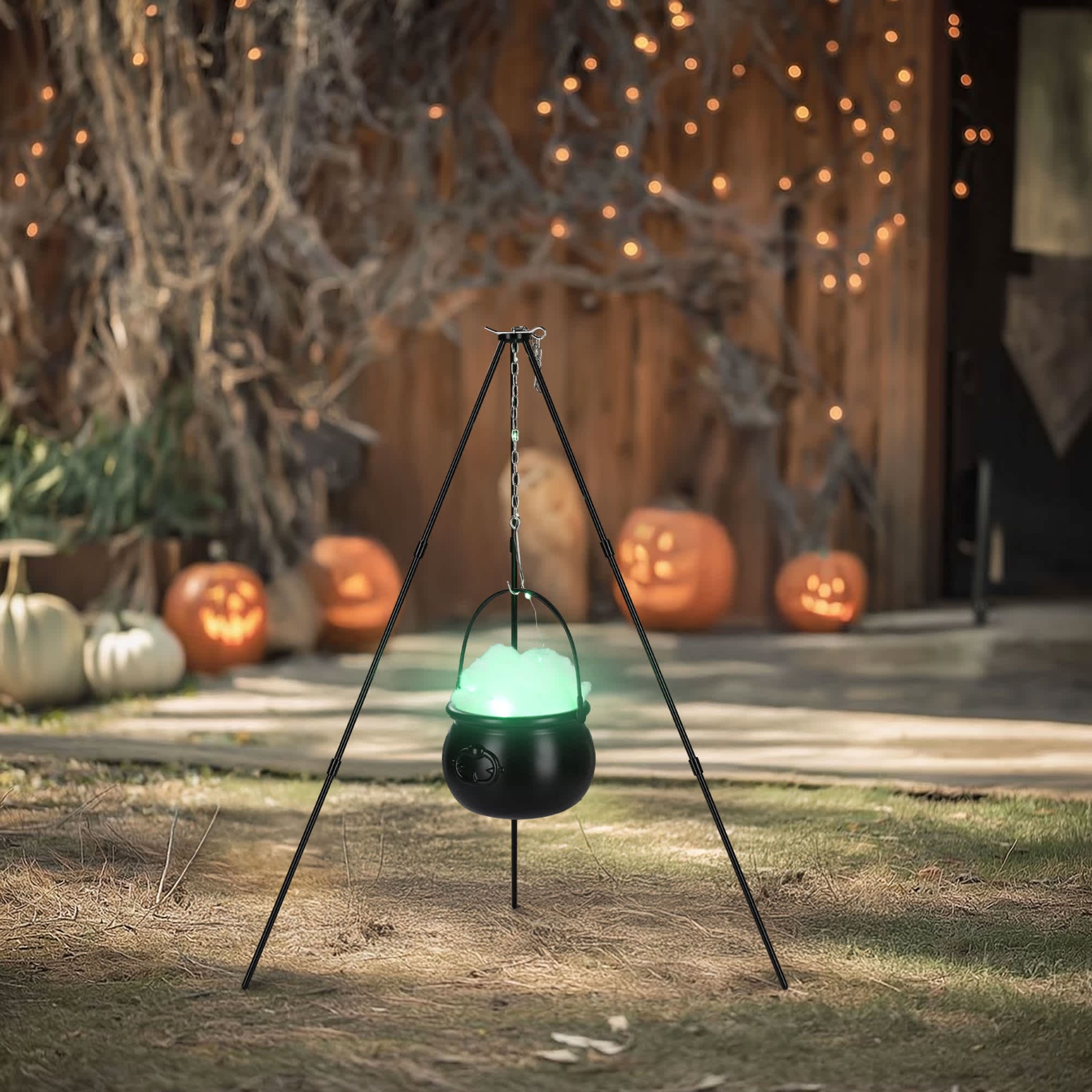 Yescom 60HAL063-ZGS-06-LO Halloween Witches Cauldron 31 inch Tripod Hanging Black Pot LED Light Adjustable Chain Hook Decoration