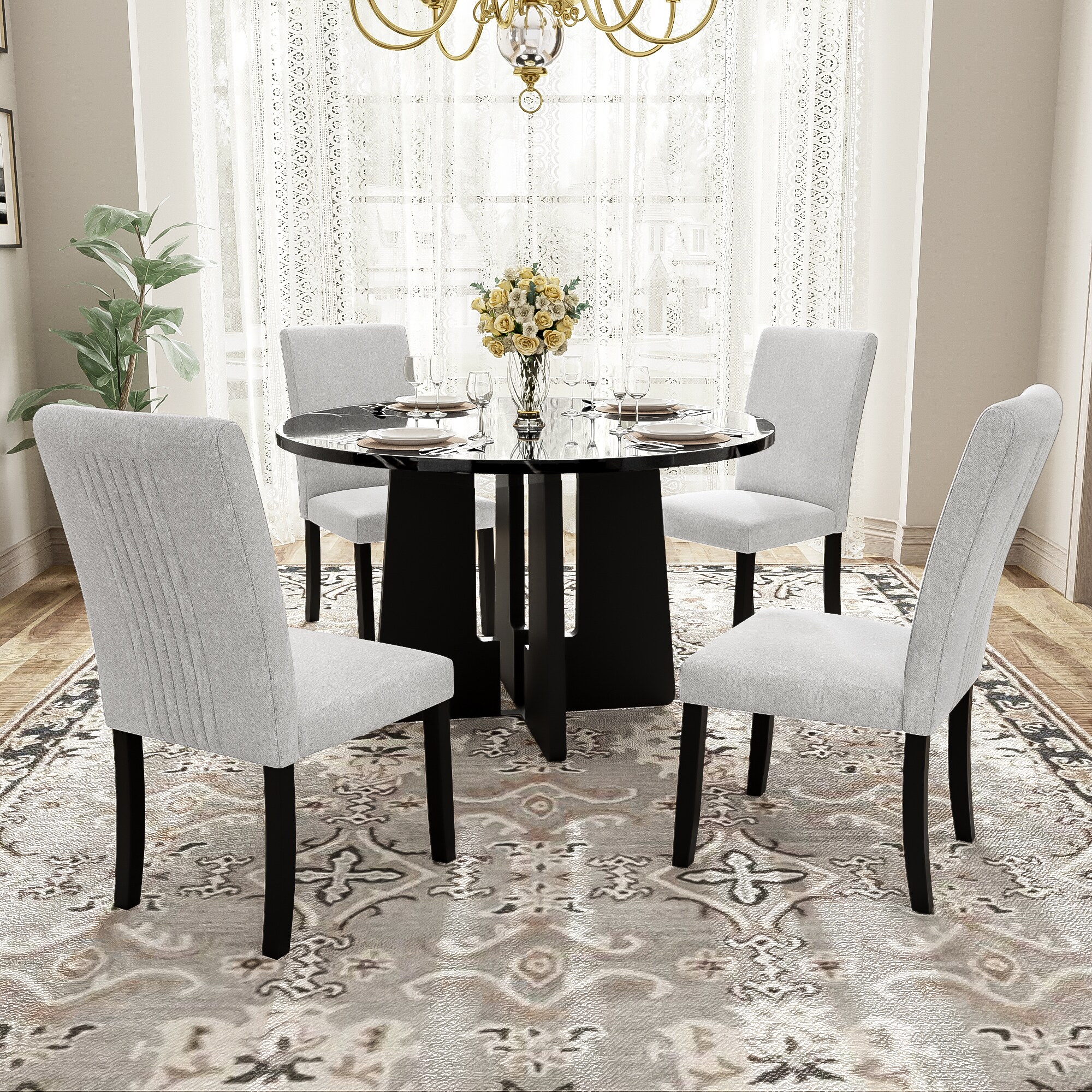 LOVMOR SF-H-N752S001055A 5-Piece Round Dining Table set 43-Inch Modern Dining Table and 4 Upholstered Chairs for Dining Room