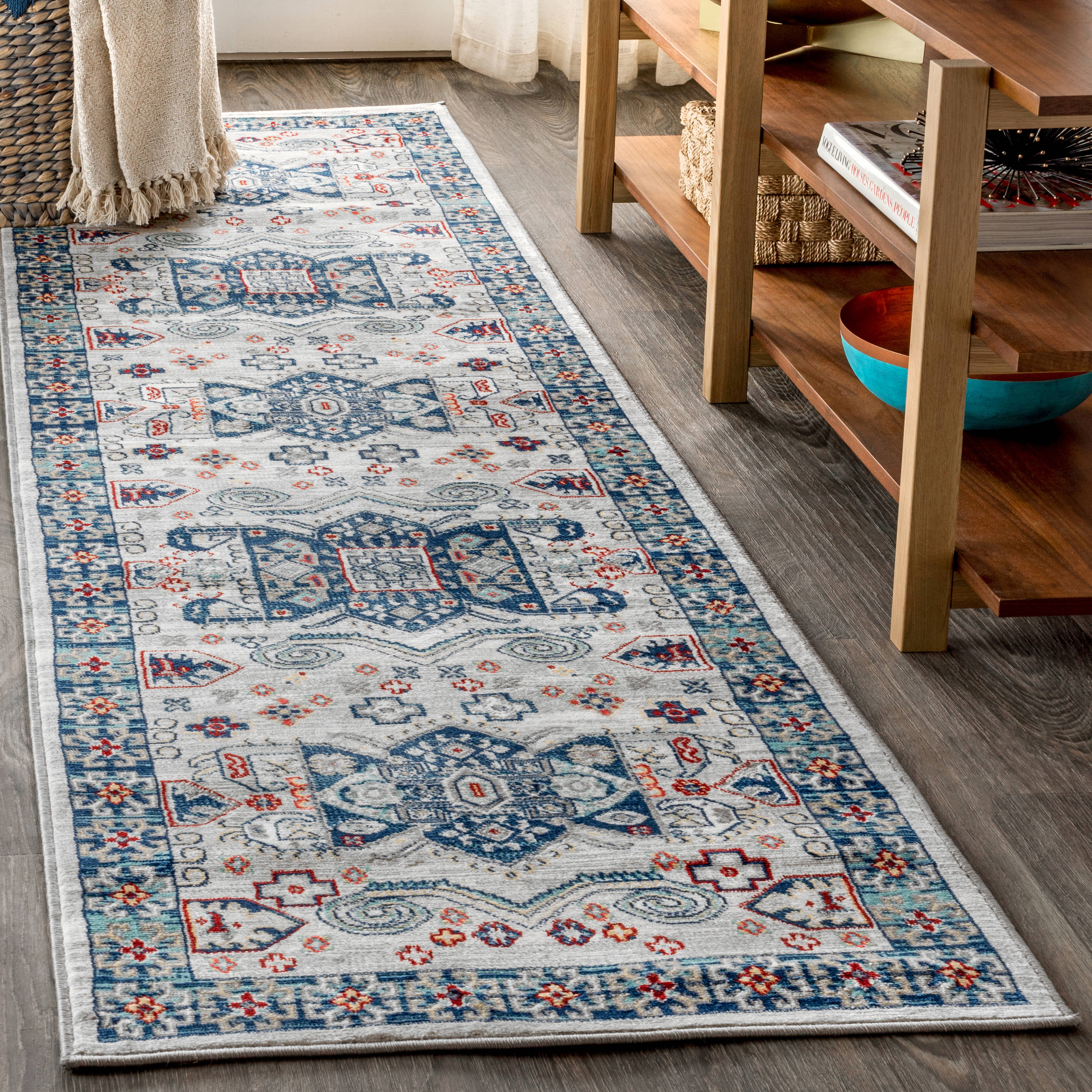 JONATHAN  Y MDP108A-28 MODERN PERSIAN Vintage Medallion 2 x 8 (ft) Loomed Polypropylene Light Grey/Blue Rectangular Indoor Medallion Persian Runner rug
