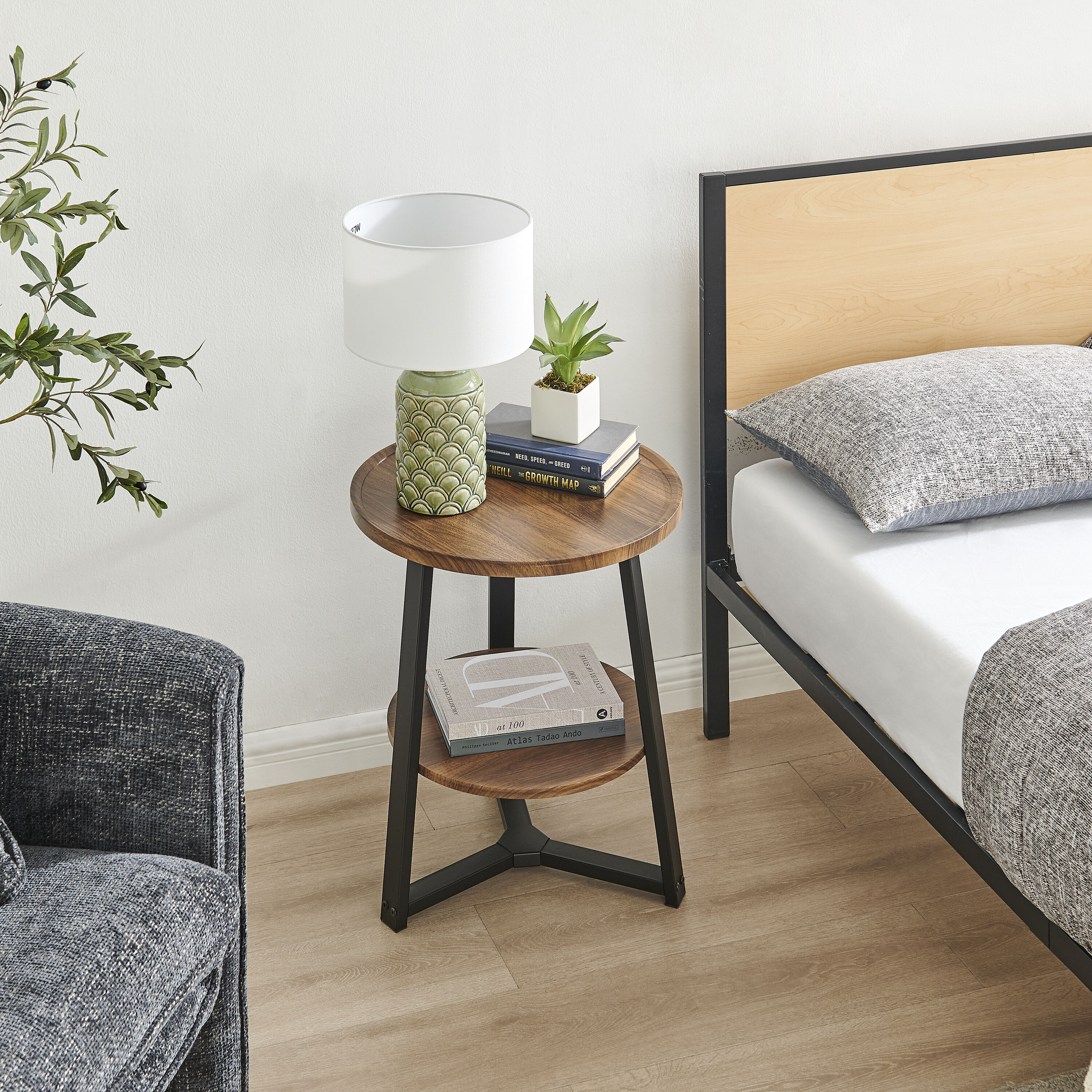 Walnut and Black Round Two-Tier Accent Table with Metal Legs