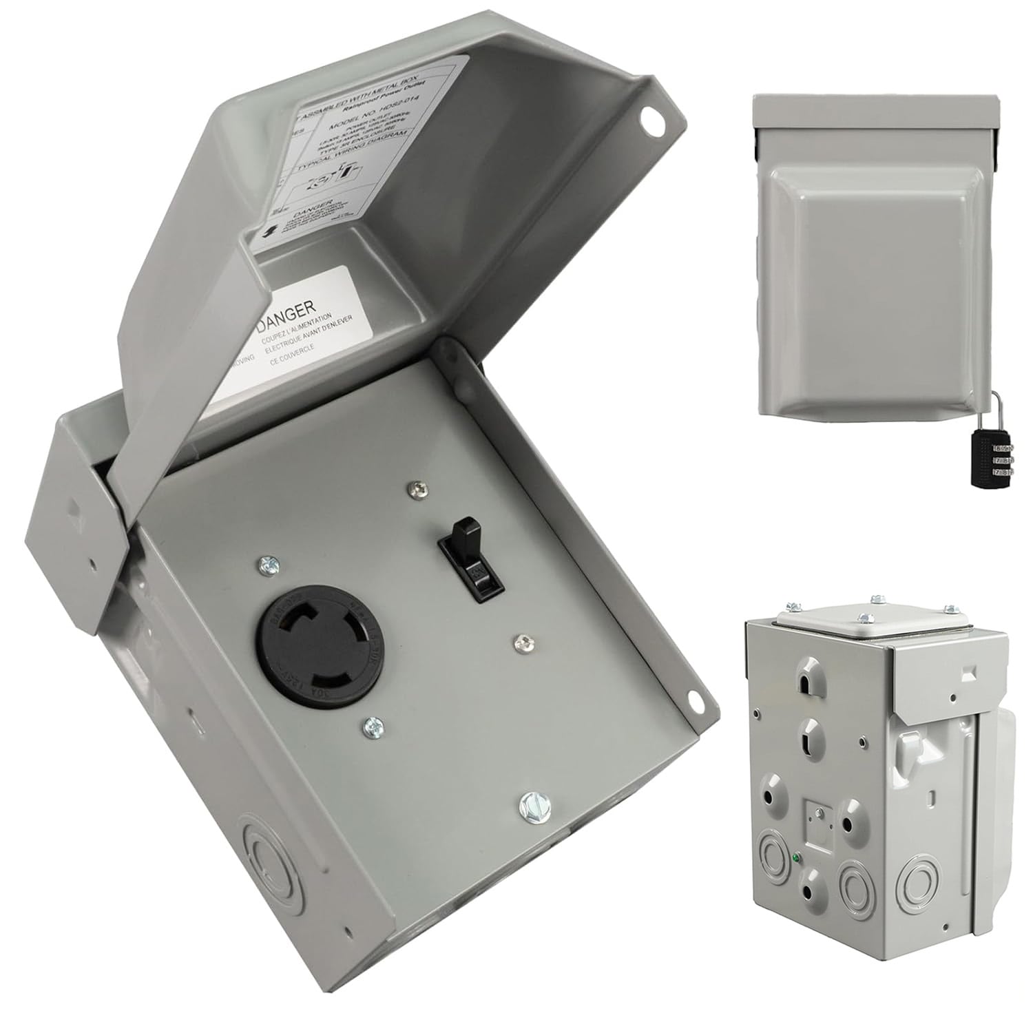 HIITIO 30 Amp NEMA L5-30R Outdoor Power Outlet Box with 15A Switch 125V ETL Listed Weatherproof Lockable RV Electrical Panel