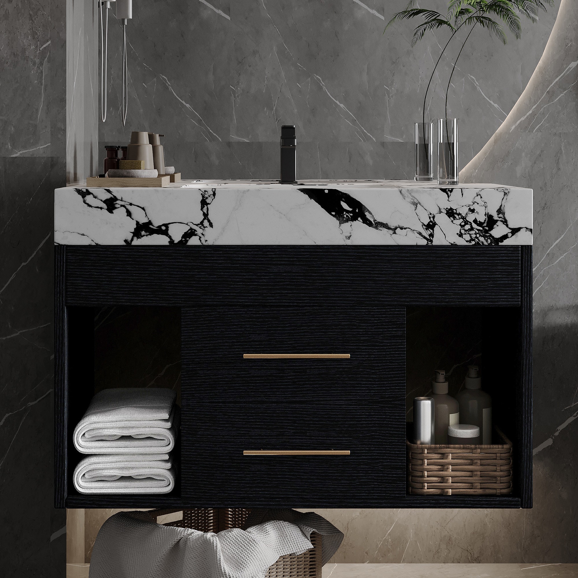 Huluwat 29-9/10 Inch Modern Floating Bathroom Vanity with Sintered Stone Top and Ceramic Undermount Sink Wall Mounted for Small Bathrooms Apartment