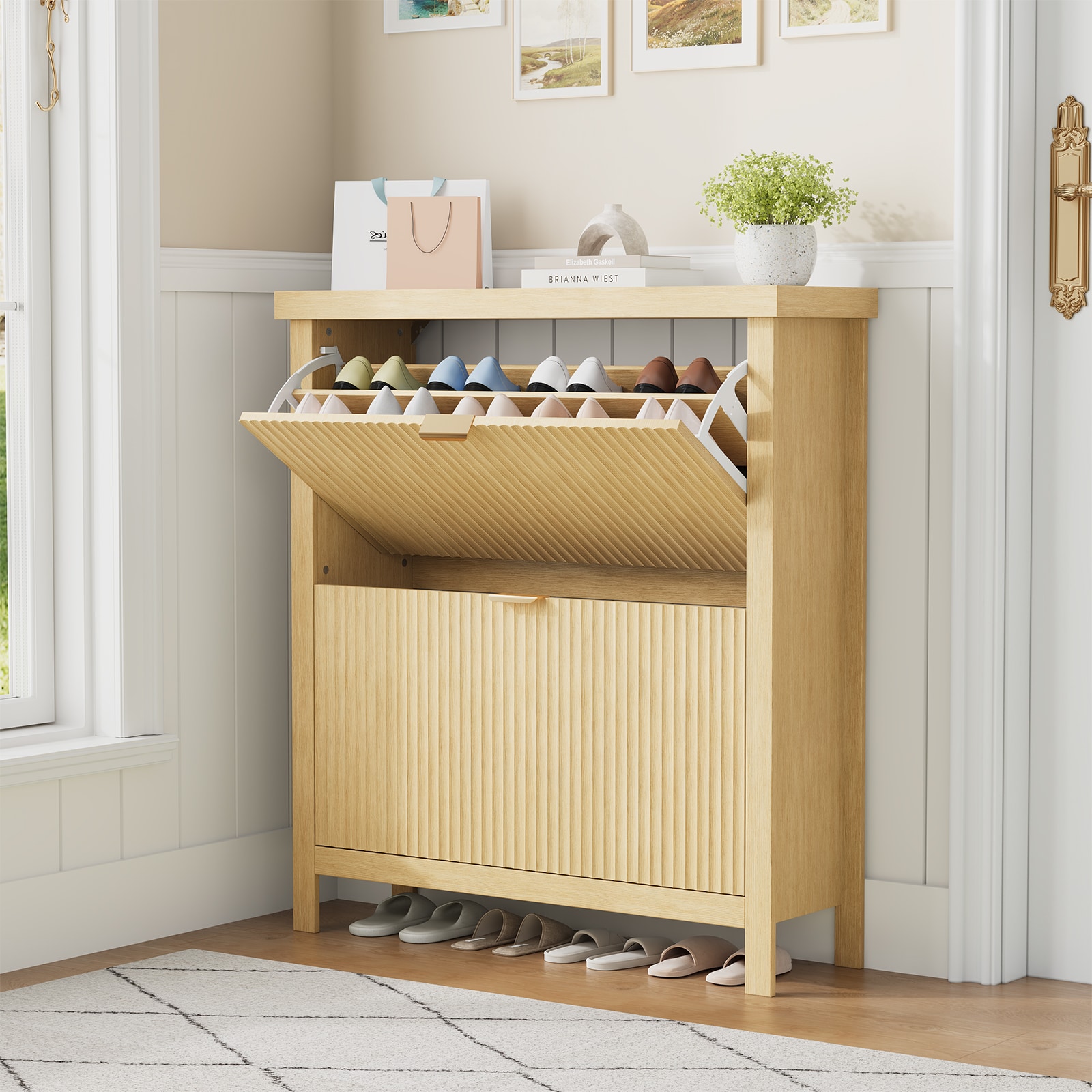 Garvee 31.5 Inch Wide + 9.5 Inch Deep + 35.9 Inch High Natural Oak Fluted Narrow Shoe Cabinet / 2 Flip Hidden Shoe Drawers Internal Divider Raised Base Gold Pull Handle Slim Concealed Footwear Storage Furniture for Entryway-Foyer-Hallway-Bedroom