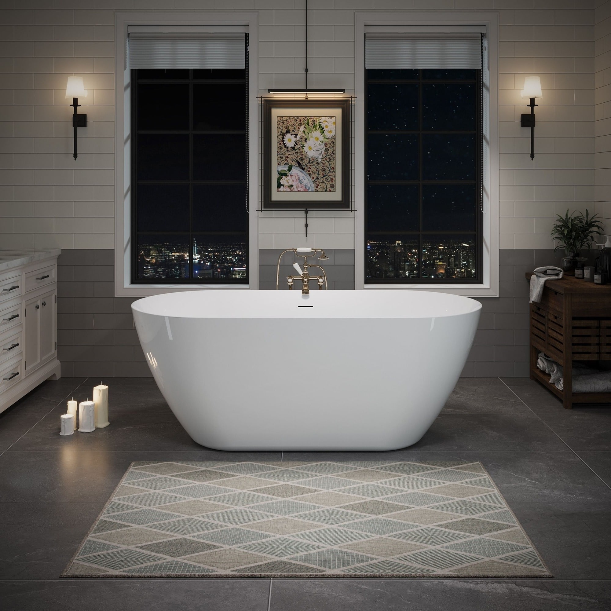IAK 55 inch Glossy White Acrylic Freestanding Bathtub with Center Pop-up Drain and Integrated Overflow