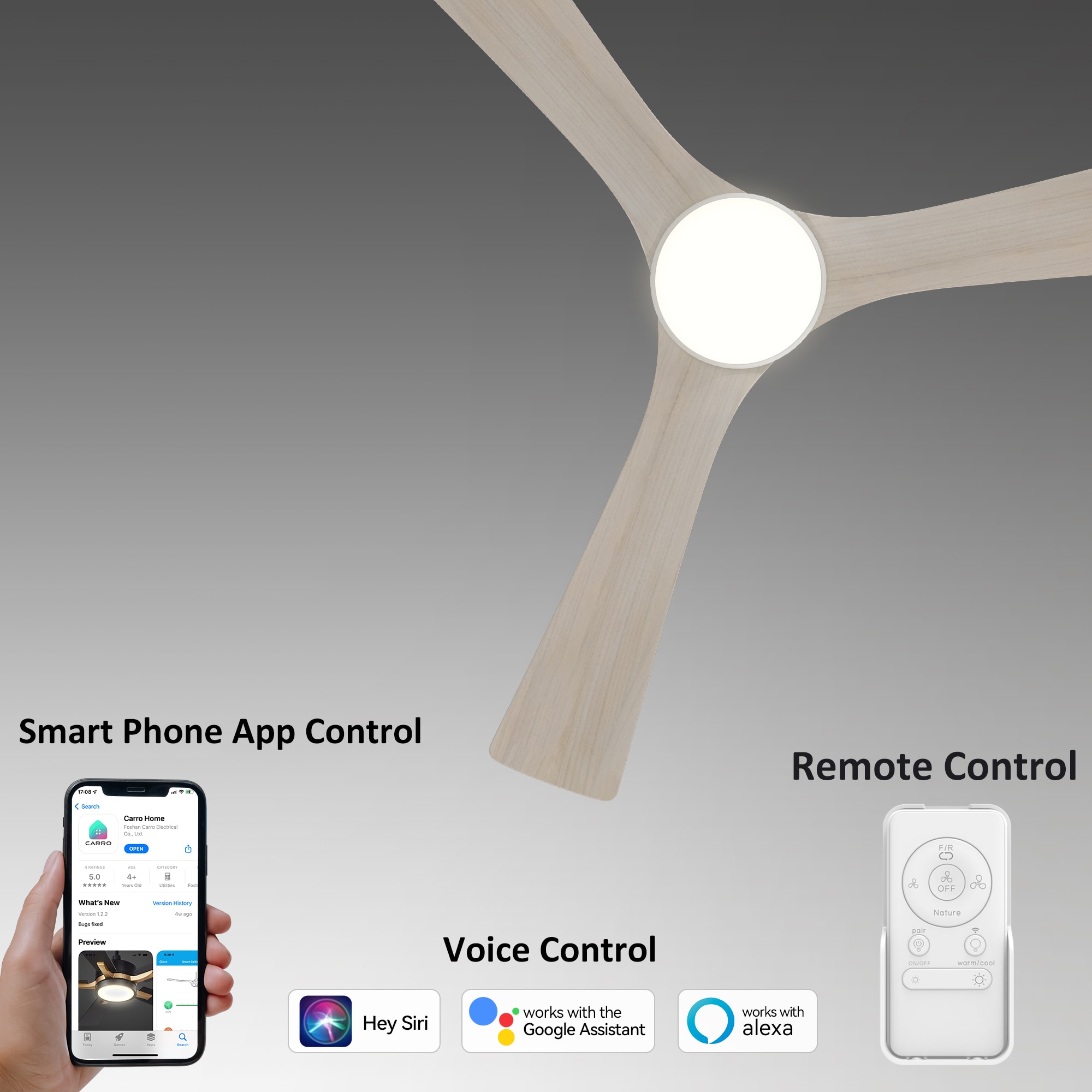 CARRO USA Antrim 52-in White with Solid Wood Whitewashing Blades Indoor/Outdoor Smart Ceiling Fan with Light and Remote (3-Blade) LS523A2-L12-WM1-1 Sansujyuku sansujyuku.com