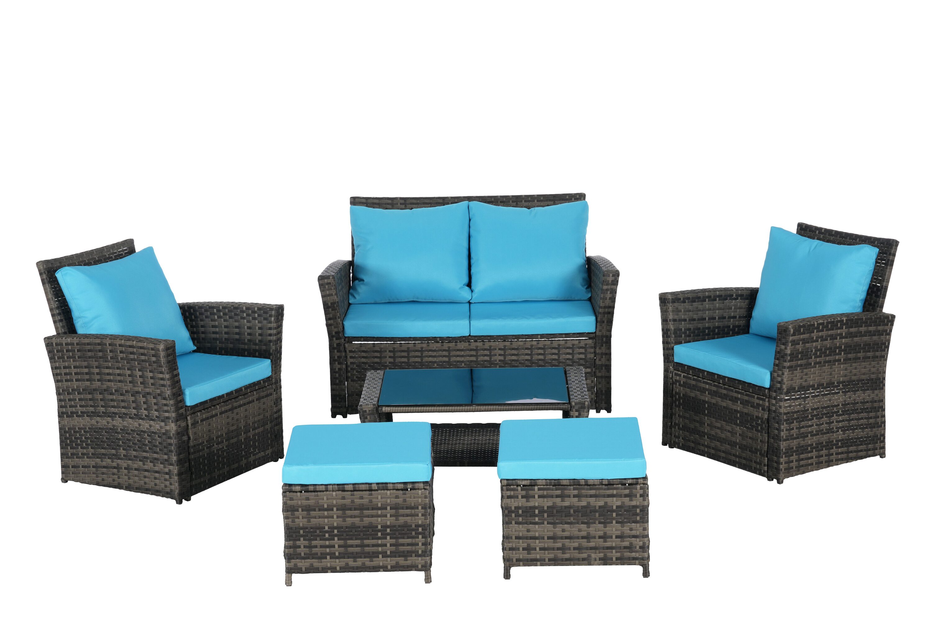 Forclover MONMQX01LB Outdoor Patio Set 6 -Piece Wicker Patio Conversation Set with Light Blue Cushions