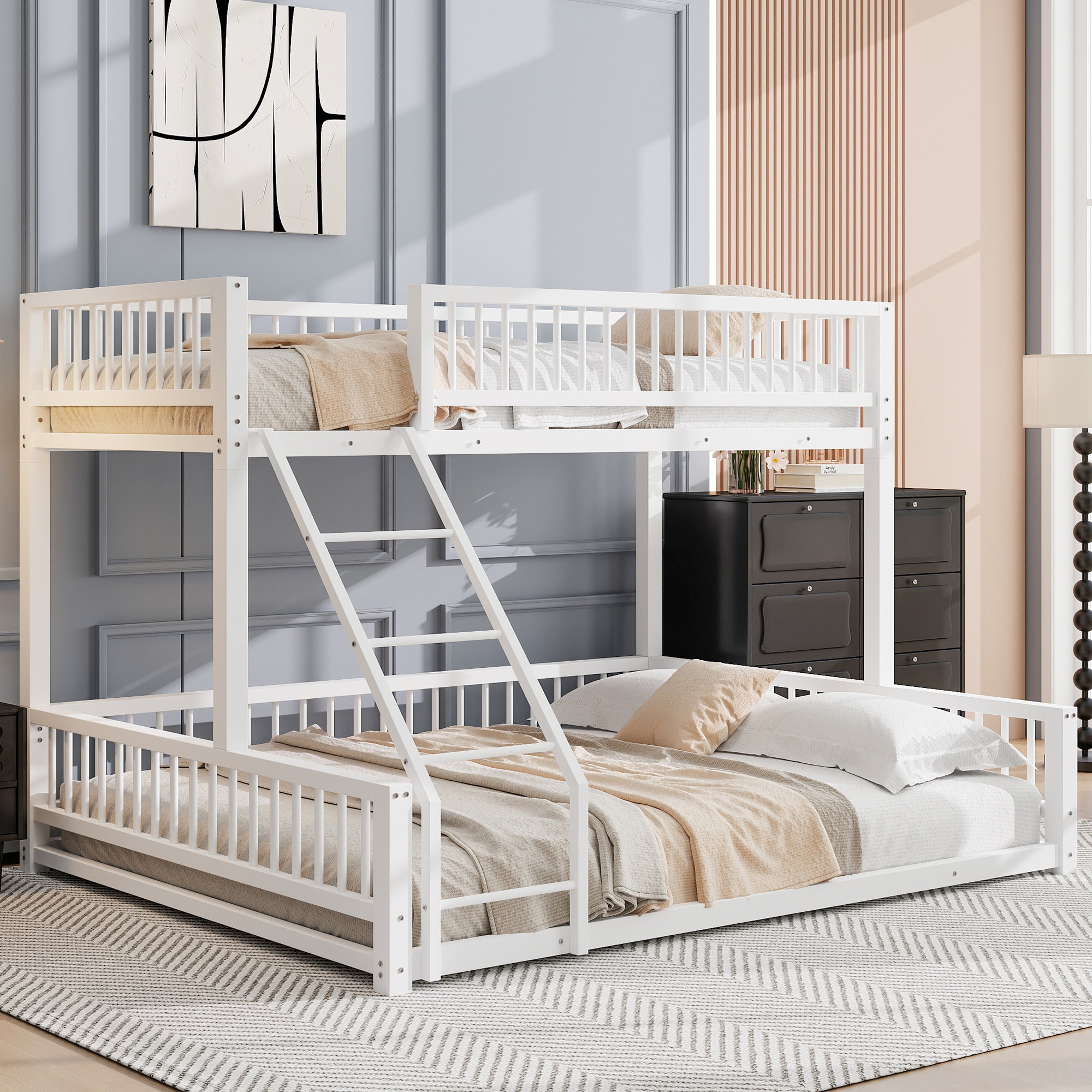 ModernLuxe L3P-N709P277756K Twin XL over Queen Floor Bunk Bed Frame with Ladder and Safety Guardrails Easy Assemble White