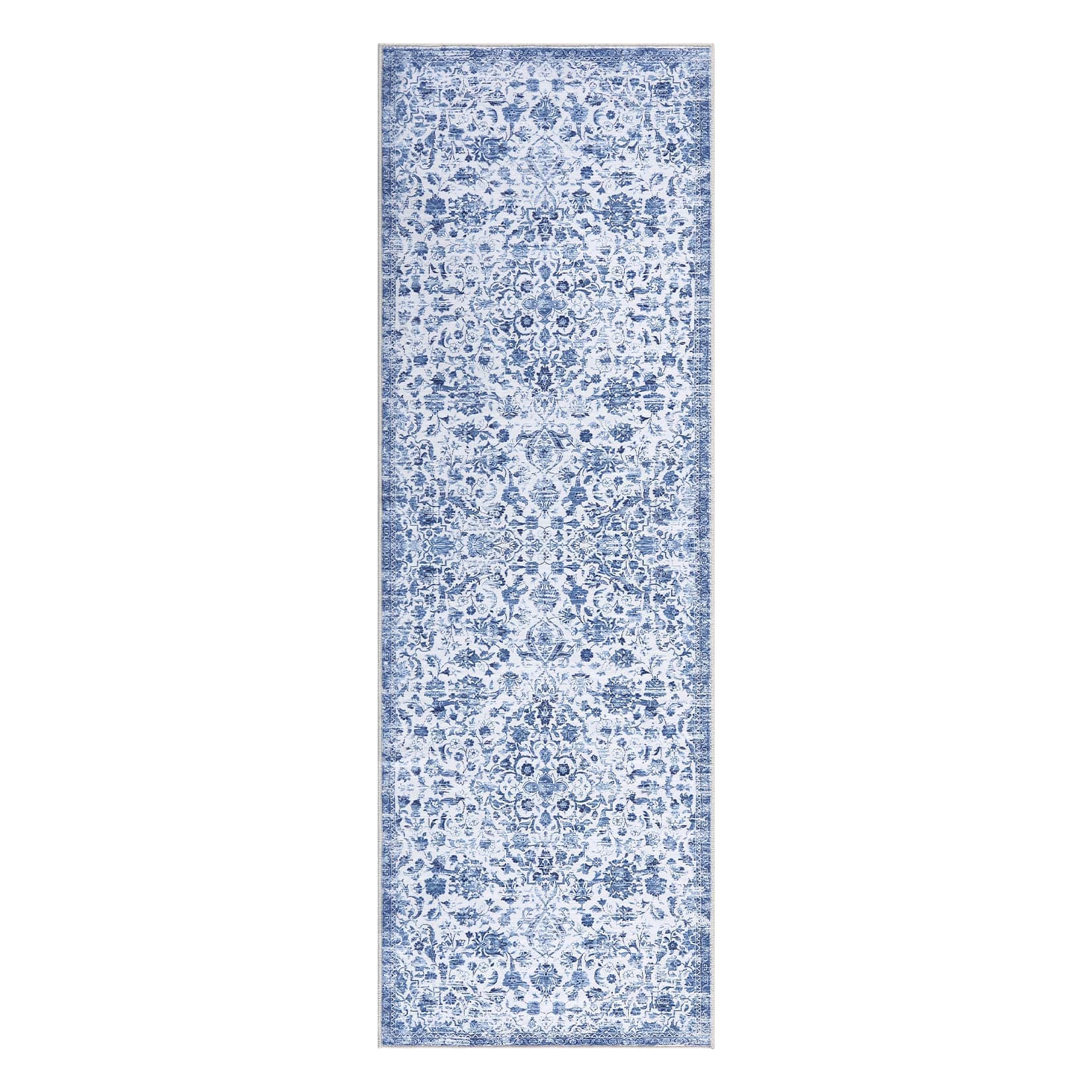 Qeetex SUNNY-PHO-0ZKXASVK 2 x 6 ft Polyester Blue Rectangular Laundry Bathroom Kitchen Laundry Floral Print Soft Non Slip Vintage Machine Washable Runner Rug