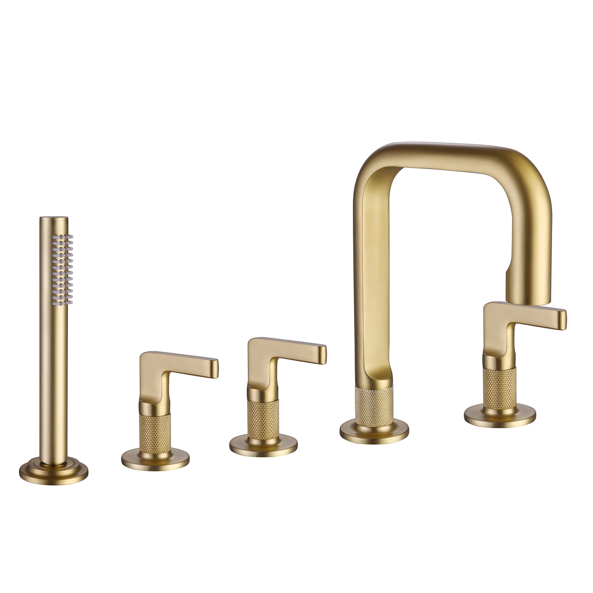 WELLFOR WB-0922 Brushed Gold 3-handle Deck-mount Roman Mid-arc Bathtub Faucet with Hand Shower ( Valve Included )