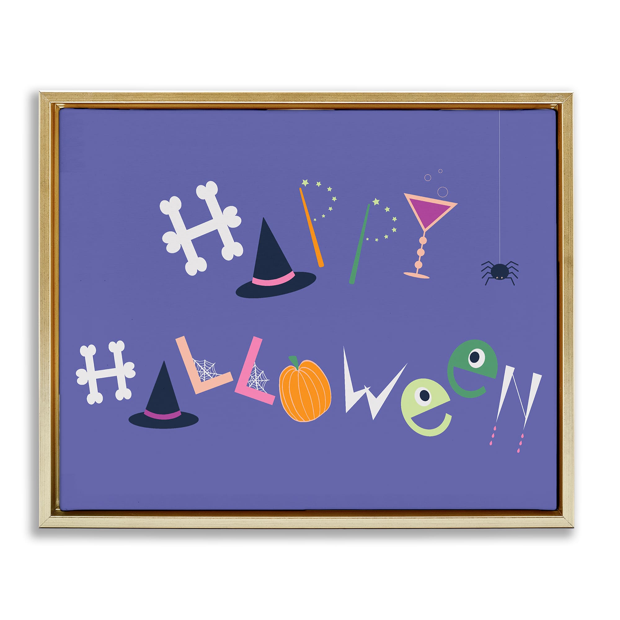 Stupell Industries BT-492-FFG-16X20 Eclectic Happy Halloween Gold Framed Floater Canvas Wall Art By Sazerelli Designs 21 x 17