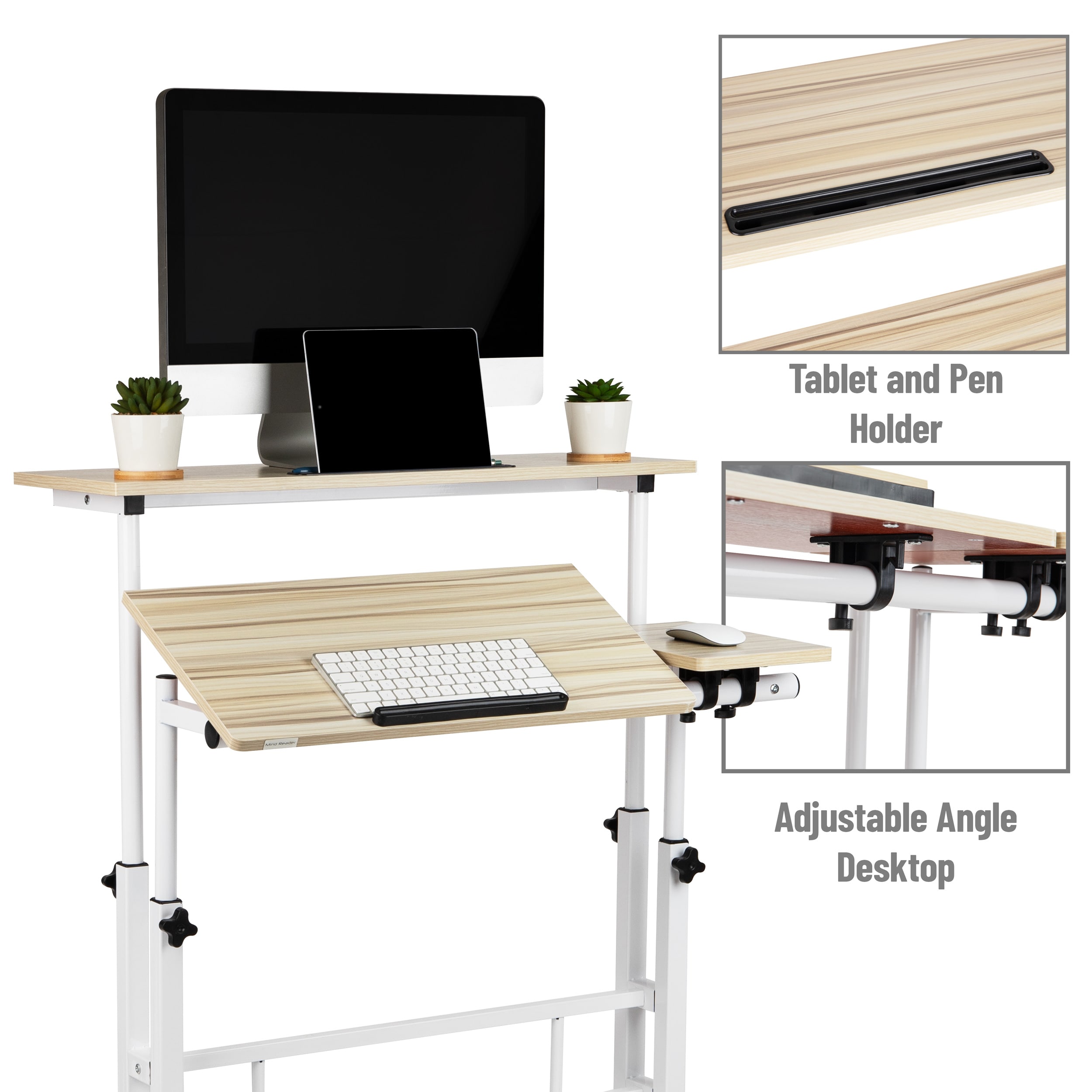 White Adjustable Height Mobile Standing Desk with Keyboard Tray