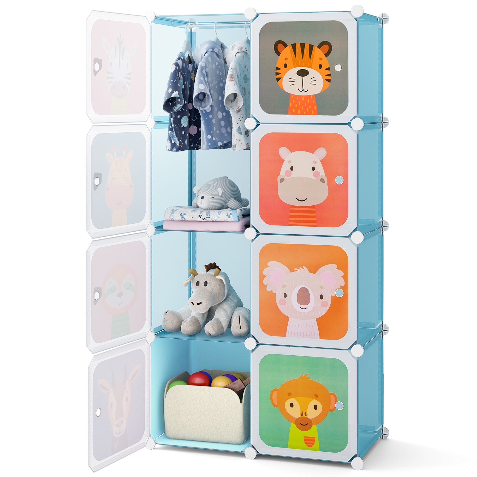 Fenbeli Kids Wardrobe Closet Organizer with Hanging Rod and 8 Cubes for Bedroom or Playroom