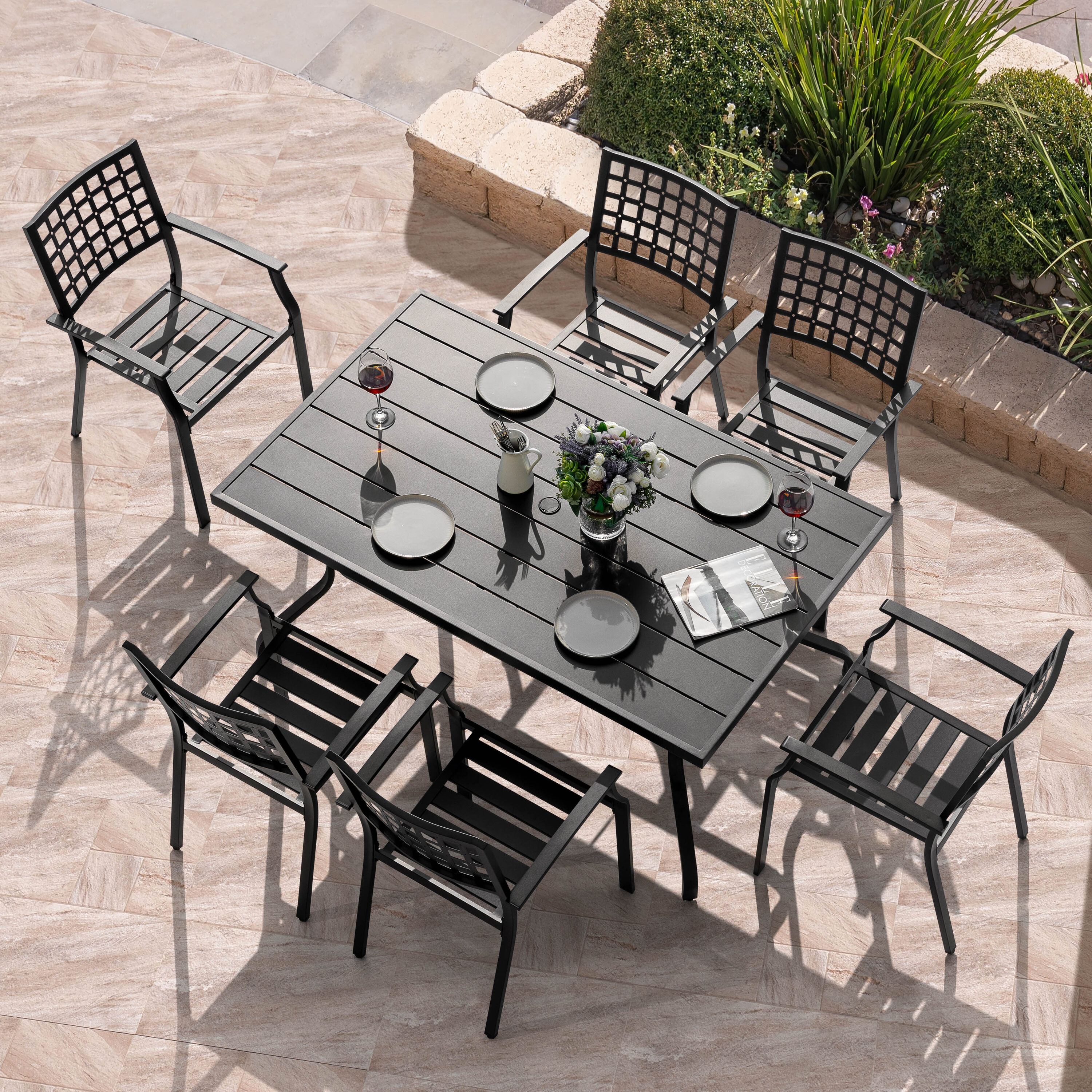 Nuu Garden SD1342-T3BK 7 -Piece Black Patio Dining Set Iron Rectangle Table with 6 Stackable Stationary Chairs