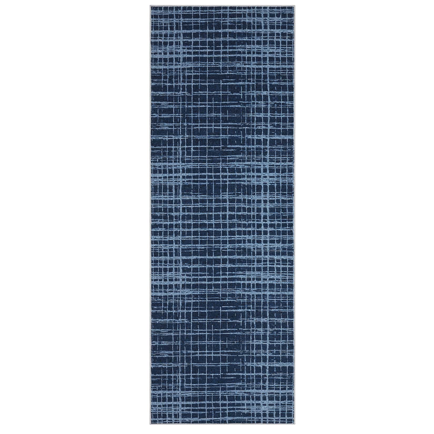 WhizMax SUNNY-PHK-33NGW5GV 2 x 6 ft Polyester Blue Rectangular Hallway Entryway Bathroom Kitchen Geometric Checkered Modern Machine Washable Runner Rug