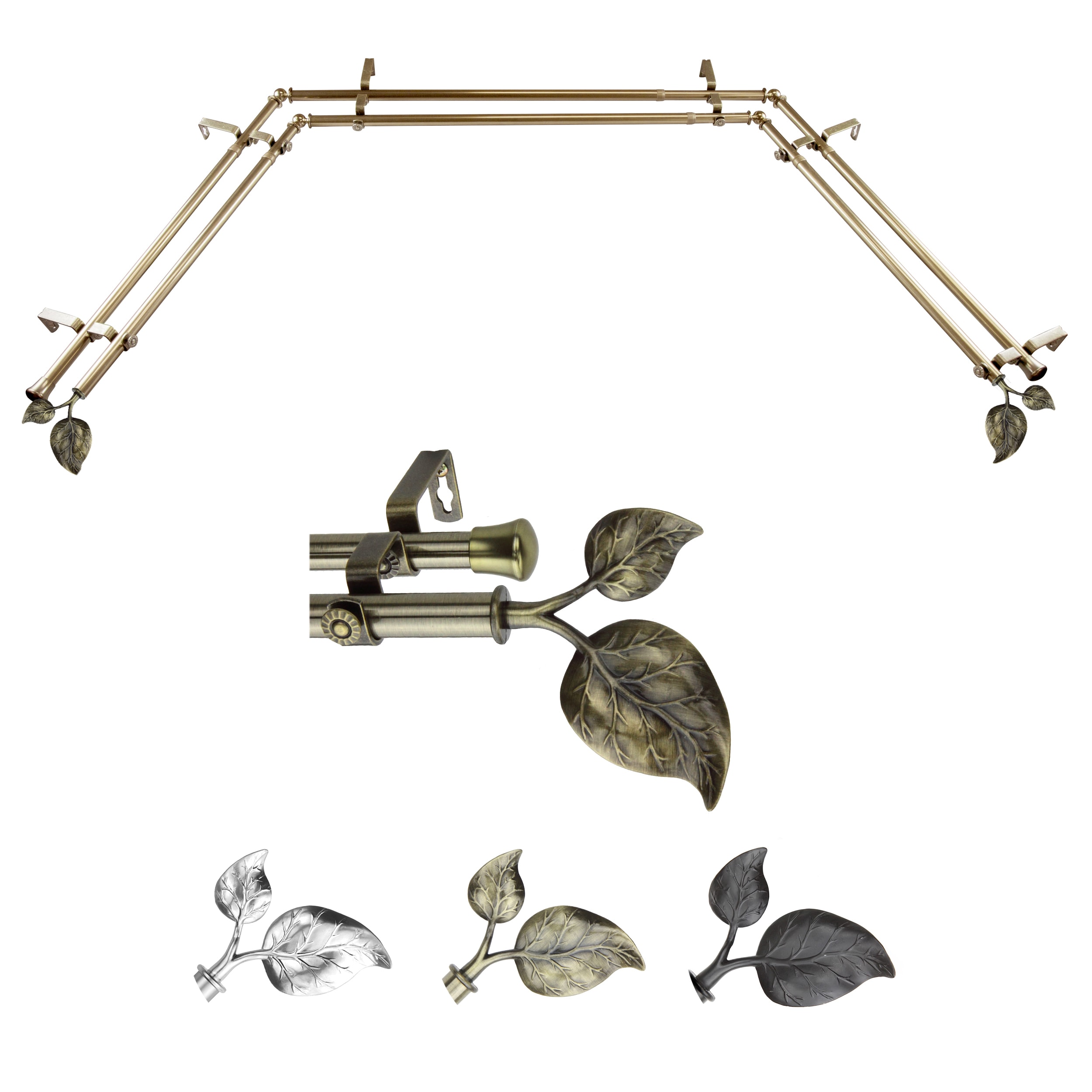 Hart & Harlow LO-ABAY-33-4D 72-in to 144-in Antique Brass Steel Bay window curtain rod with Finials