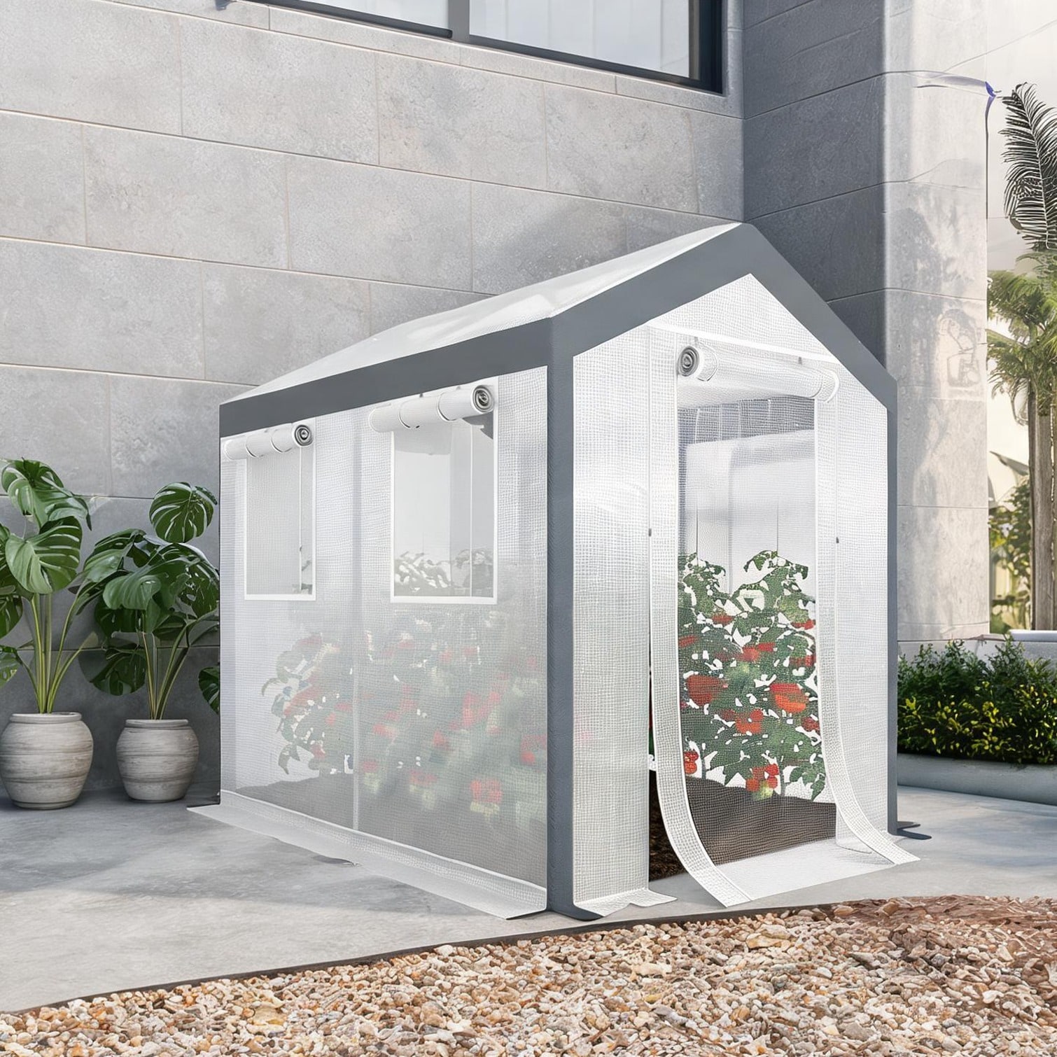 Tammesy - Greenhouse with 8 x 6 x 7.4 ft pairing Steel with Walk-In Tunnel and Zippered Entry