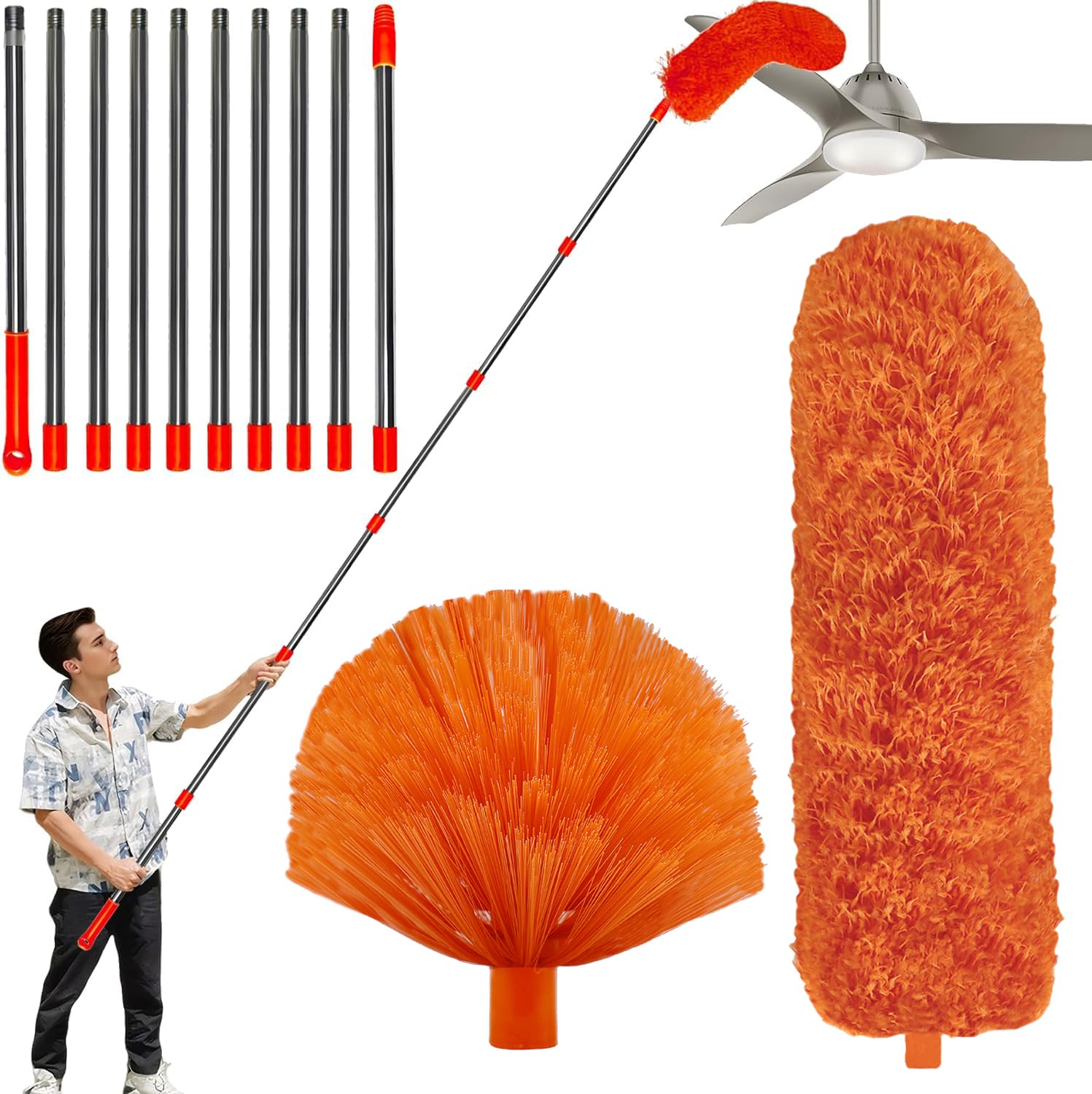 UUDULY  20 Feet High Reach Duster Kit with 2 14 Foot Extension Pole and Microfiber Duster Heads for Cleaning Ceiling Fans Furniture and Home