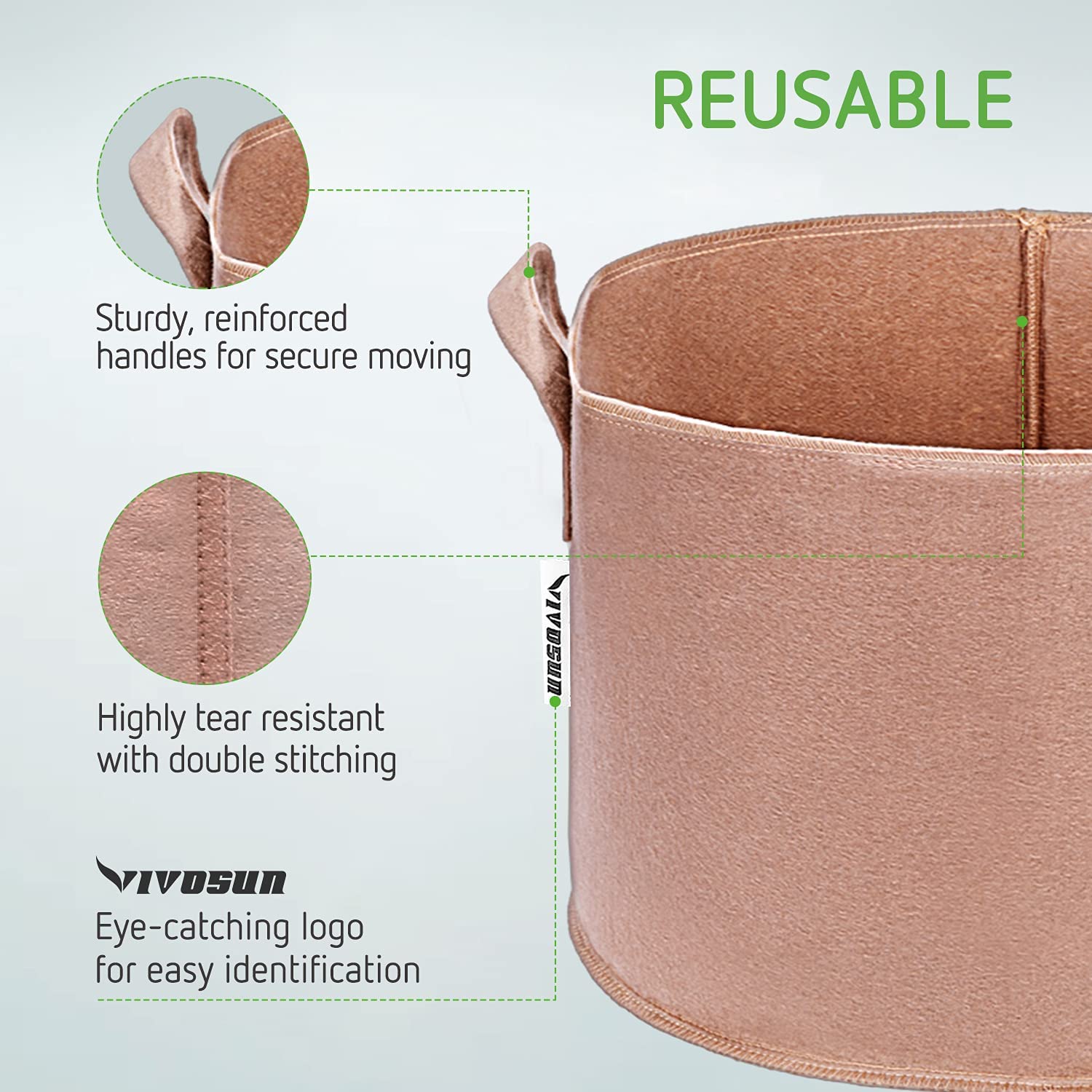 5-Pack 3 Gallons Grow Bags Heavy Duty Thickened Nonwoven Fabric Pots with Strap Handles Tan