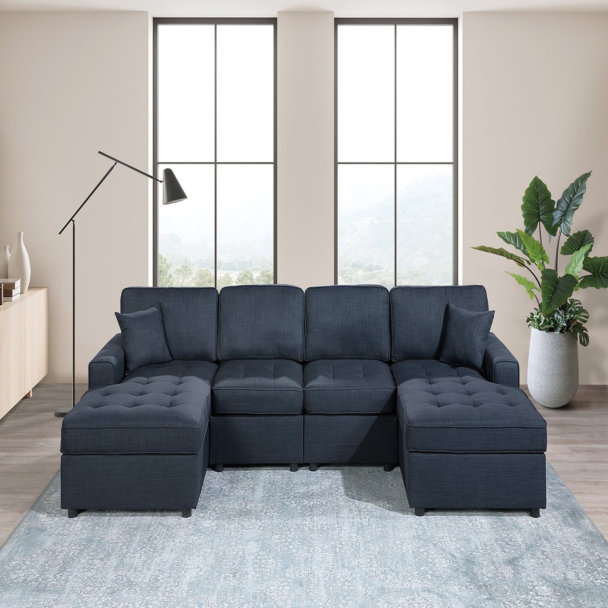 HyperDrop Cart Contemporary Style Sectional Sofa Set RAF LAF Chaise Armless Chairs Dorris Fabric Tufted Couch Pillows Living Room Dark Blue