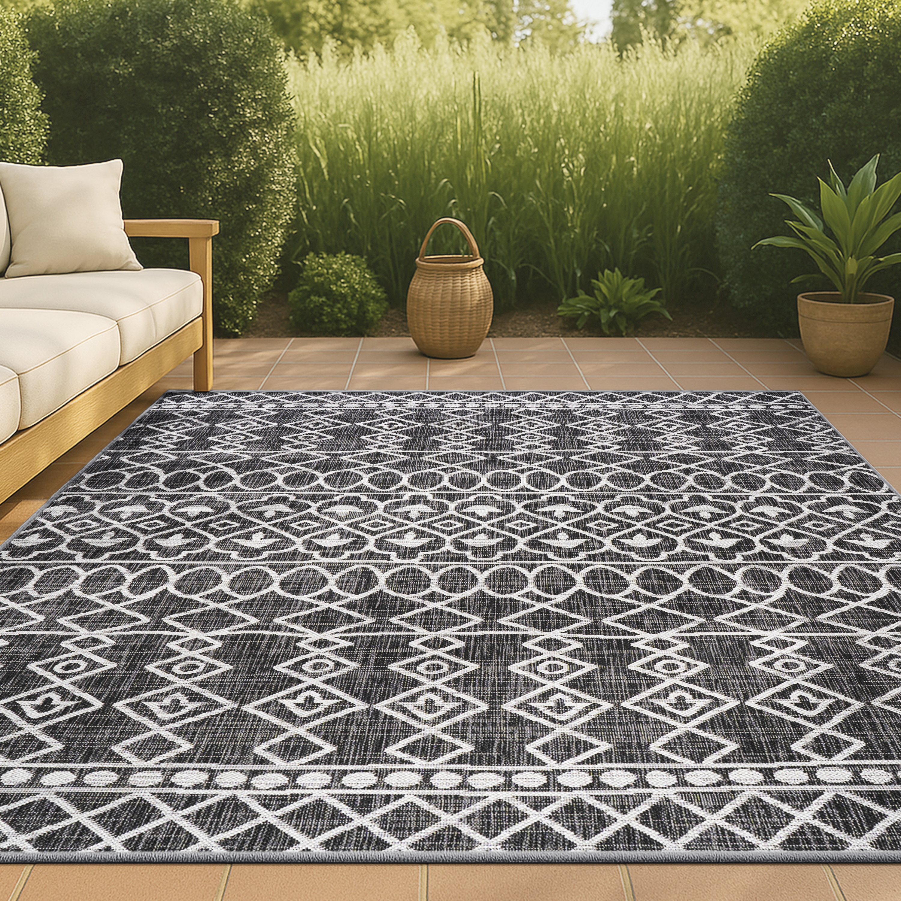 JONATHAN  Y SMB130F-3 Santa Monica Kafel Tribal 3 x 5 (ft) Loomed Polypropylene Black/Ivory Rectangular Indoor/Outdoor Trellis Bohemian/Eclectic Area rug