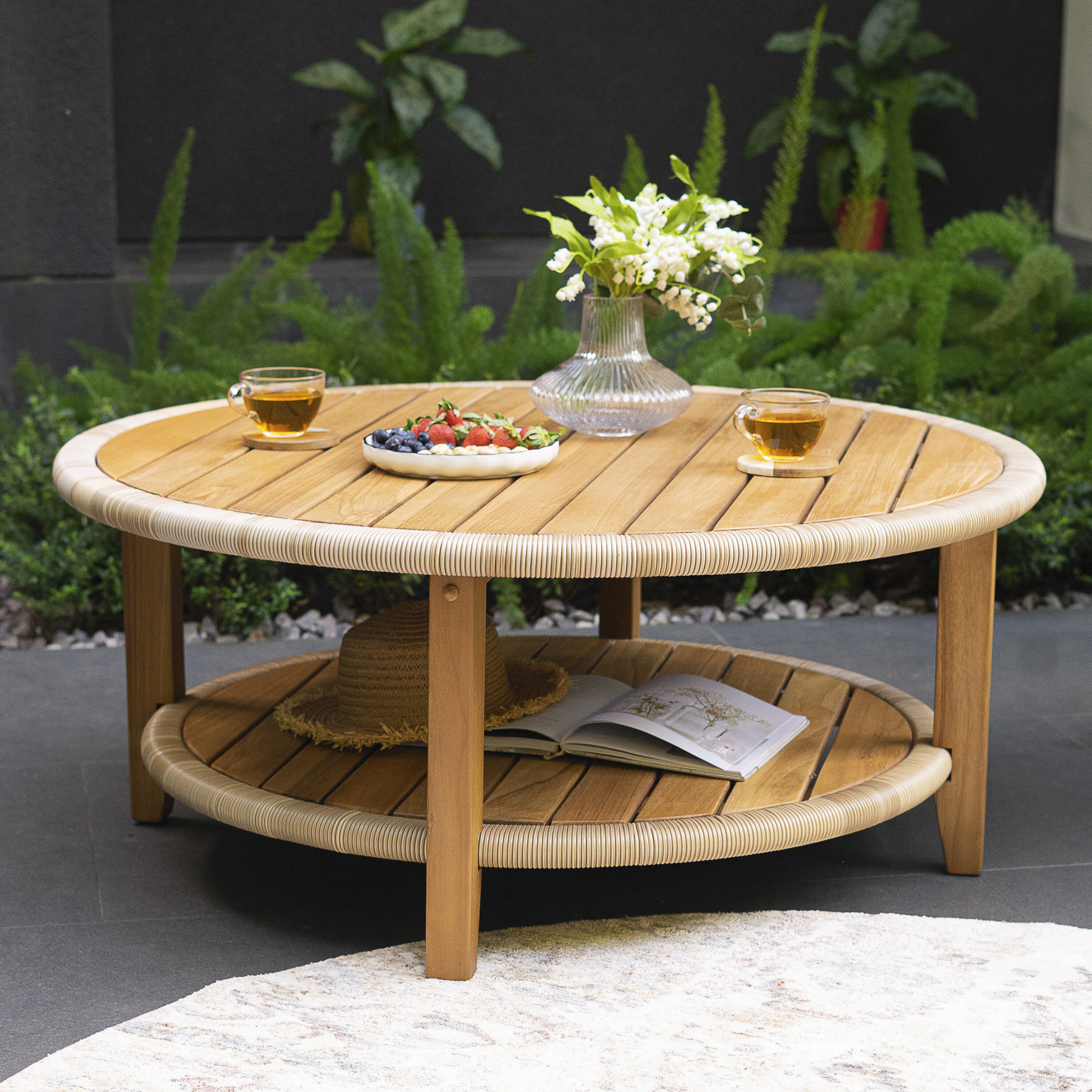 Cambridge Casual 170889-TW-XX-XX-HC Seaside Teak Wood Round Wicker Outdoor Coffee Table 40-in W x 40-in L