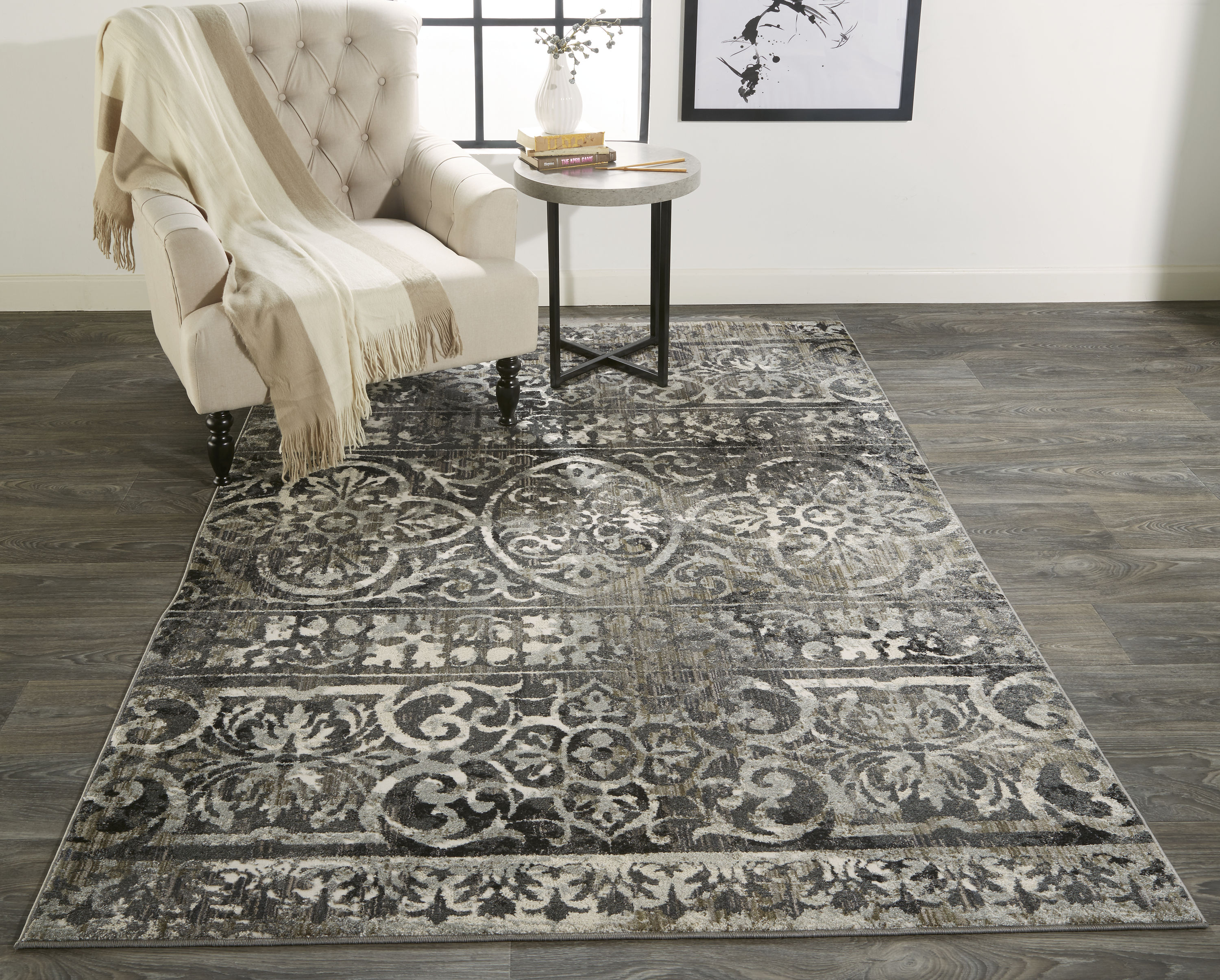 Ivory and Gray Distressed Rectangular Cotton Blend Rug