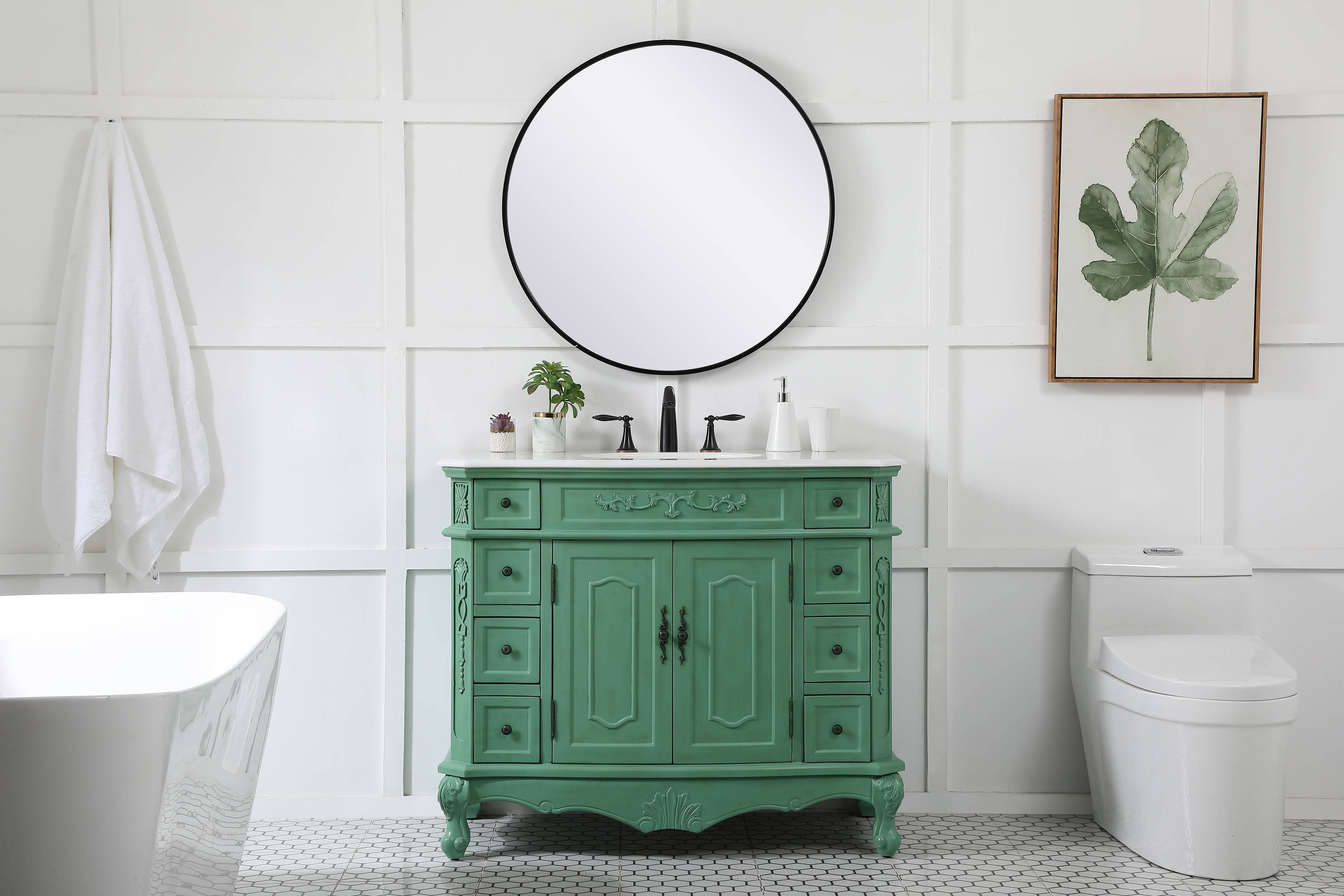 Vintage Mint Solid Wood Single Bathroom Vanity with Marble Top