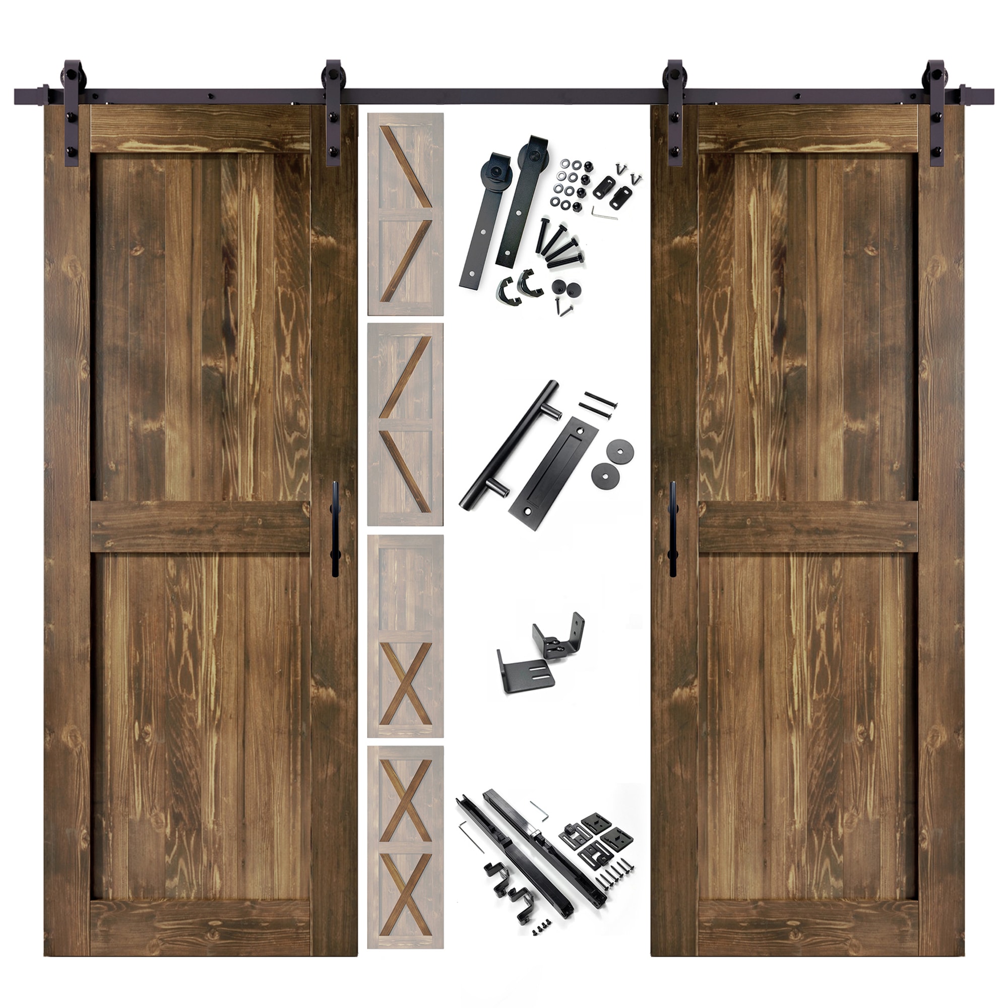 HOMACER YT2TGH168C-4080F-WA 40-in x 80-in Walnut Pine Wood Solid core Double Barn Door (Hardware Included)
