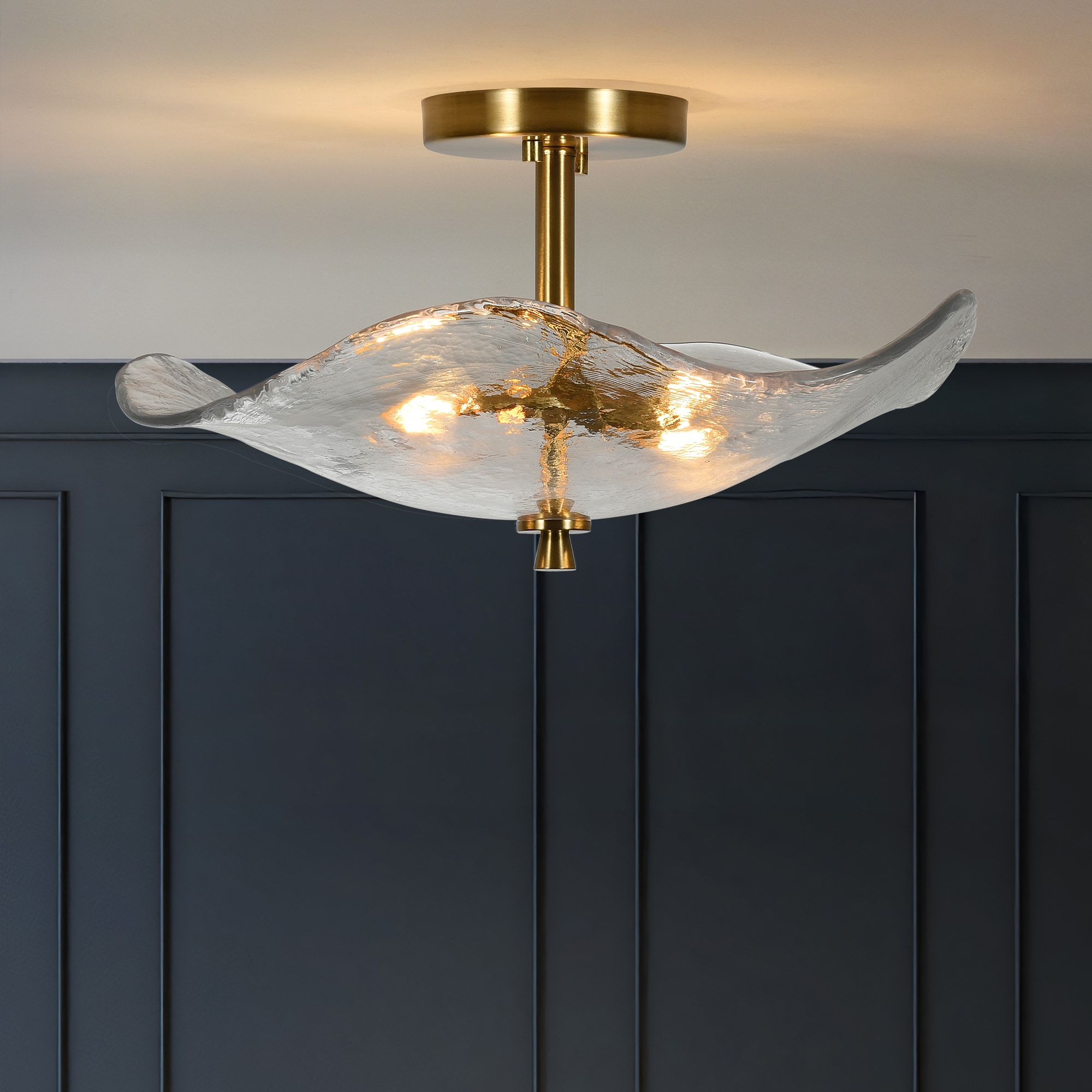 Huluwat 16 1/2Inches Glass Semi Flush Mount Ceiling Light Fixture 2-Lights Close to Ceiling Light Modern Gold Ceiling Light Fixture