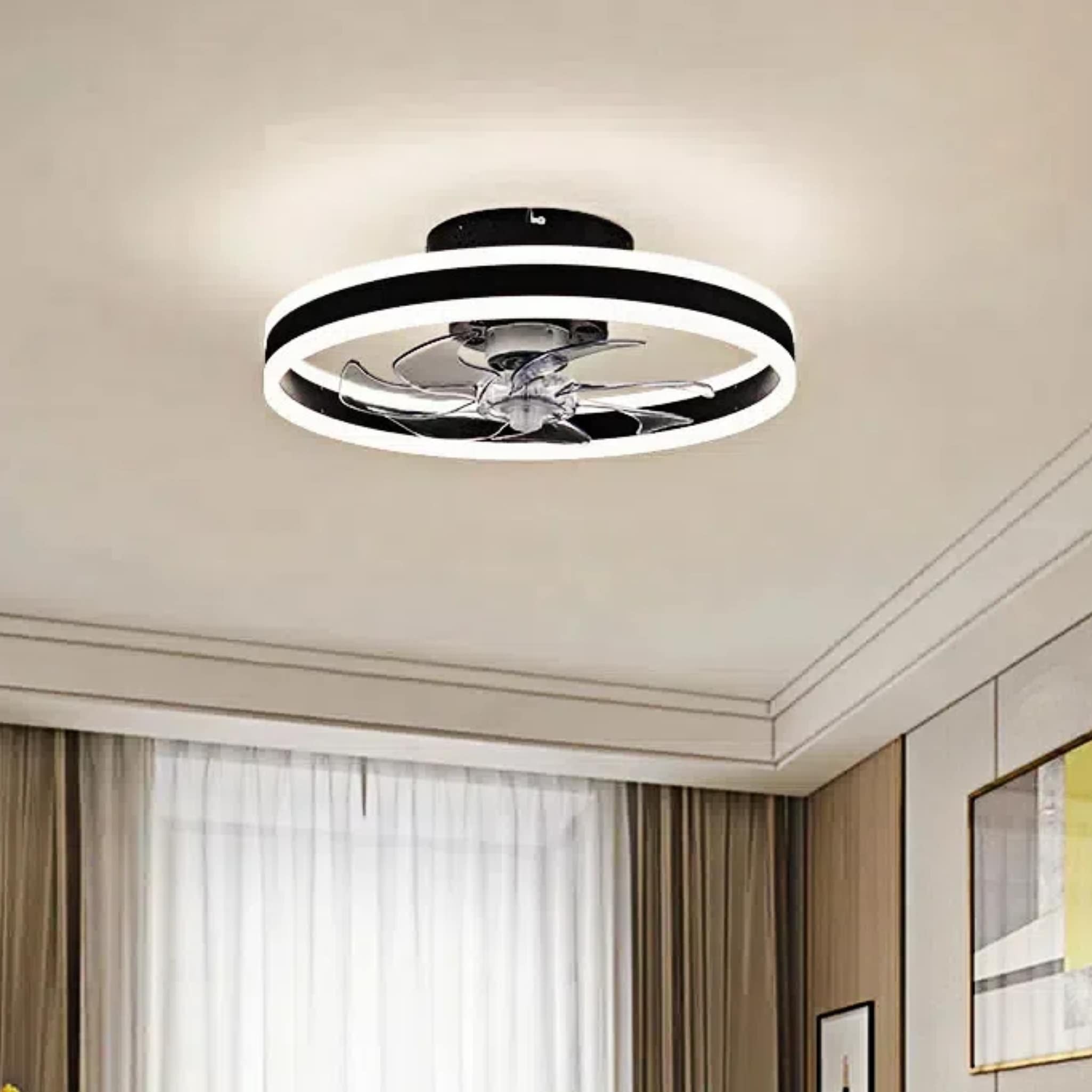 Oukaning HG-HCXLST-5464-US 20-in Color-Changing Integrated LED Flush Mount Classic Black-white Open Design with ABS Blades Fandelier Ceiling Fan With Light - Remote Included ( 7 -Blade )
